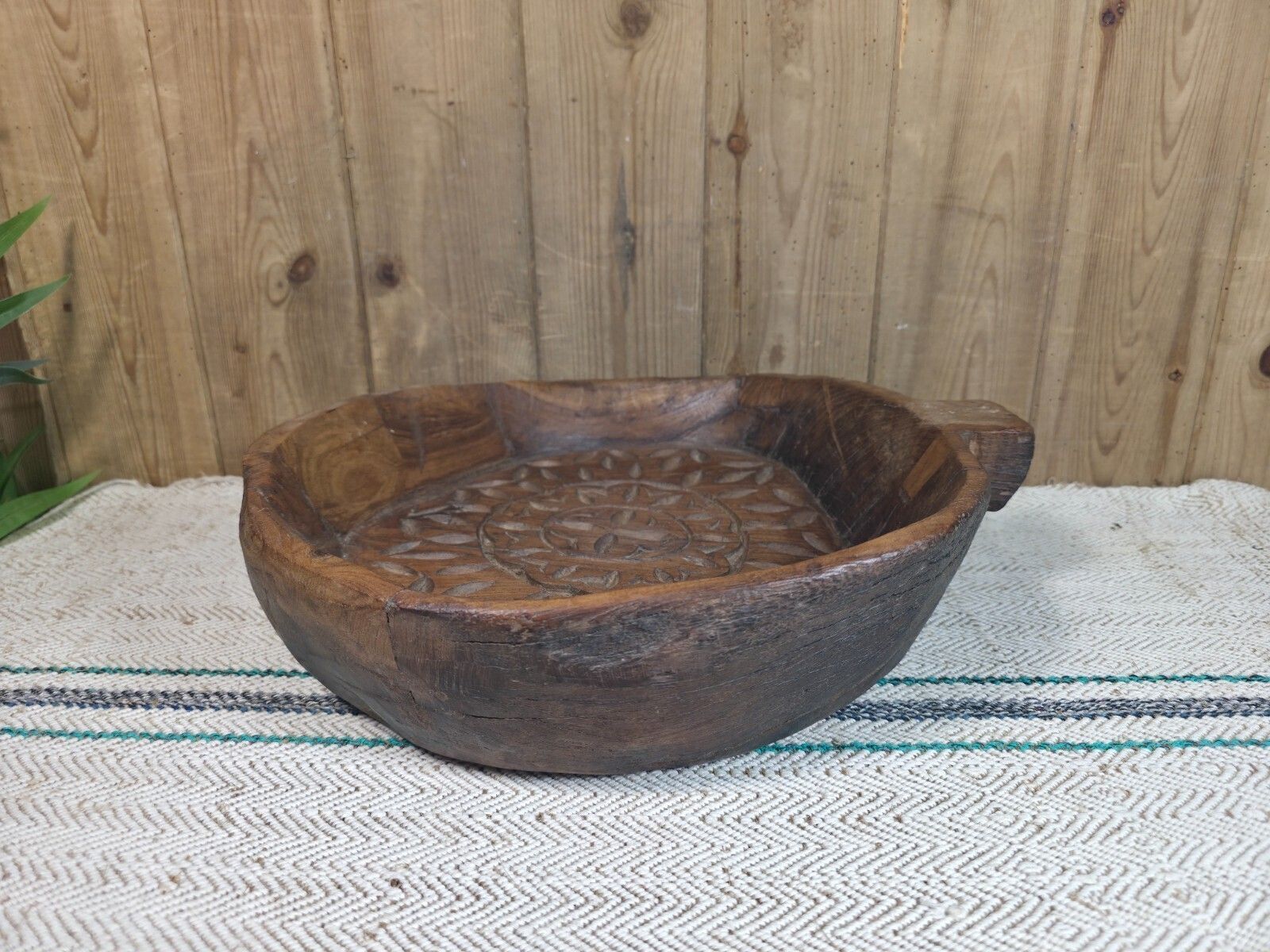 Vintage Rustic Wabi Sabi Indian Hand Carved Wooden Dough Bowl photo vinterior