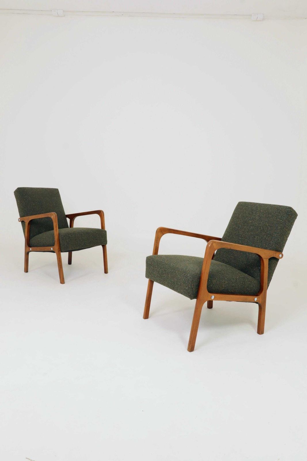 Vintage Pair Armchair Avocado Green Tweed Upholstery, 1960, Poland