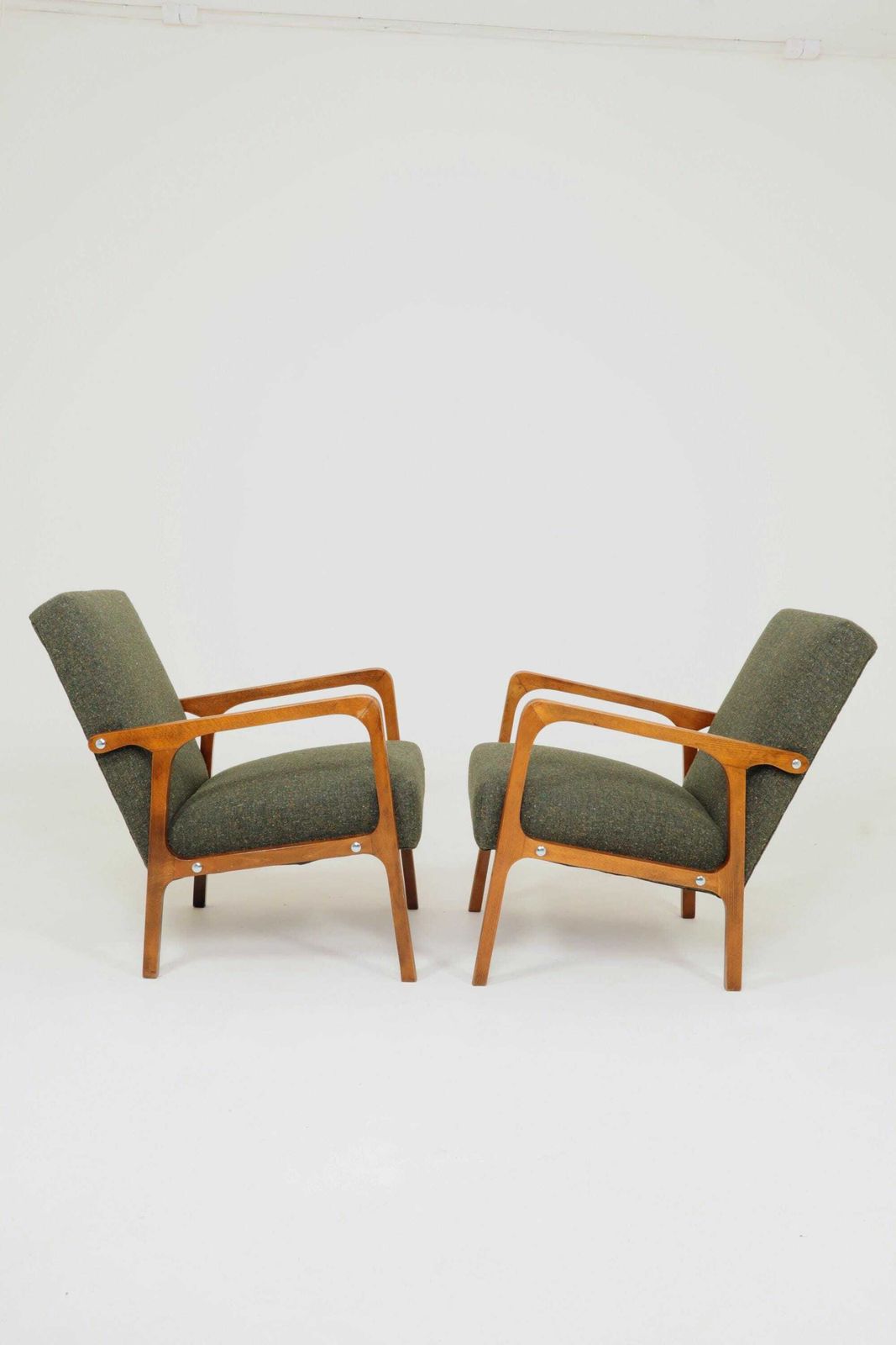 Vintage Pair Armchair Avocado Green Tweed Upholstery, 1960, Poland photo vinterior