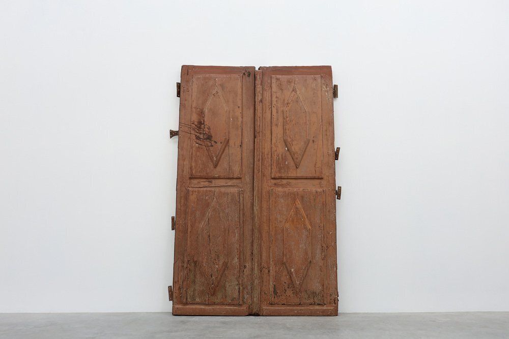 Large 17th Century Terracotta Lacquered Oak Monastery Doors, Portugal, Set Of 2 photo vintage