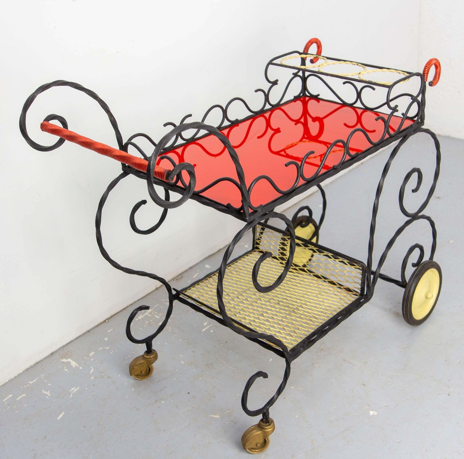 Mid Century Black Metal & Plexiglass Red & Yellow Trolley Bar Cart, Circa 1950 photo for sale