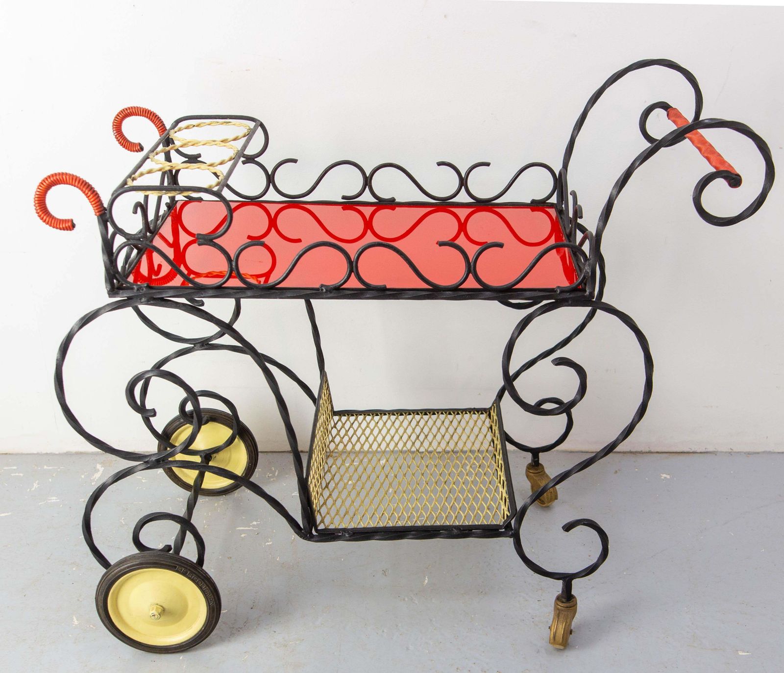 Mid Century Black Metal & Plexiglass Red & Yellow Trolley Bar Cart, Circa 1950 photo 842.0