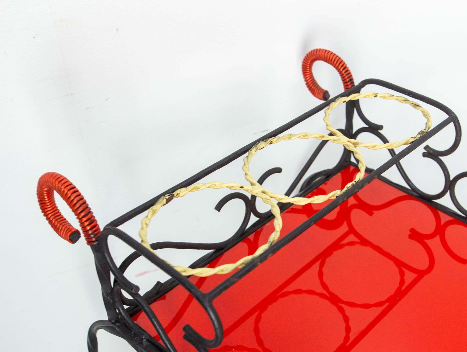 photo furniture Mid Century Black Metal & Plexiglass Red & Yellow Trolley Bar Cart, Circa 1950