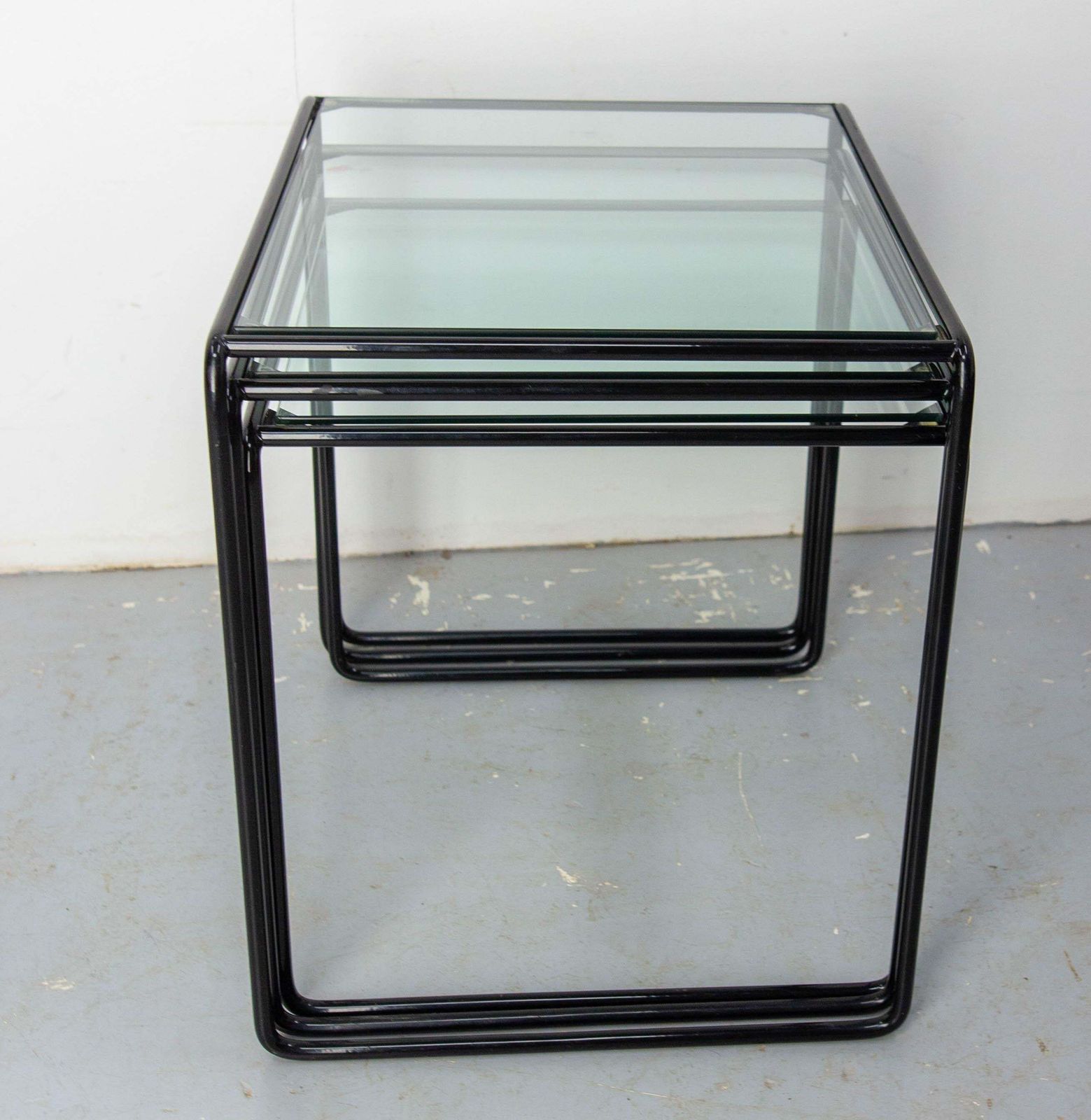 Set Of Three Nesting Tables French Bauhaus Style Metal And Glass Circa 1970 photo 787.0