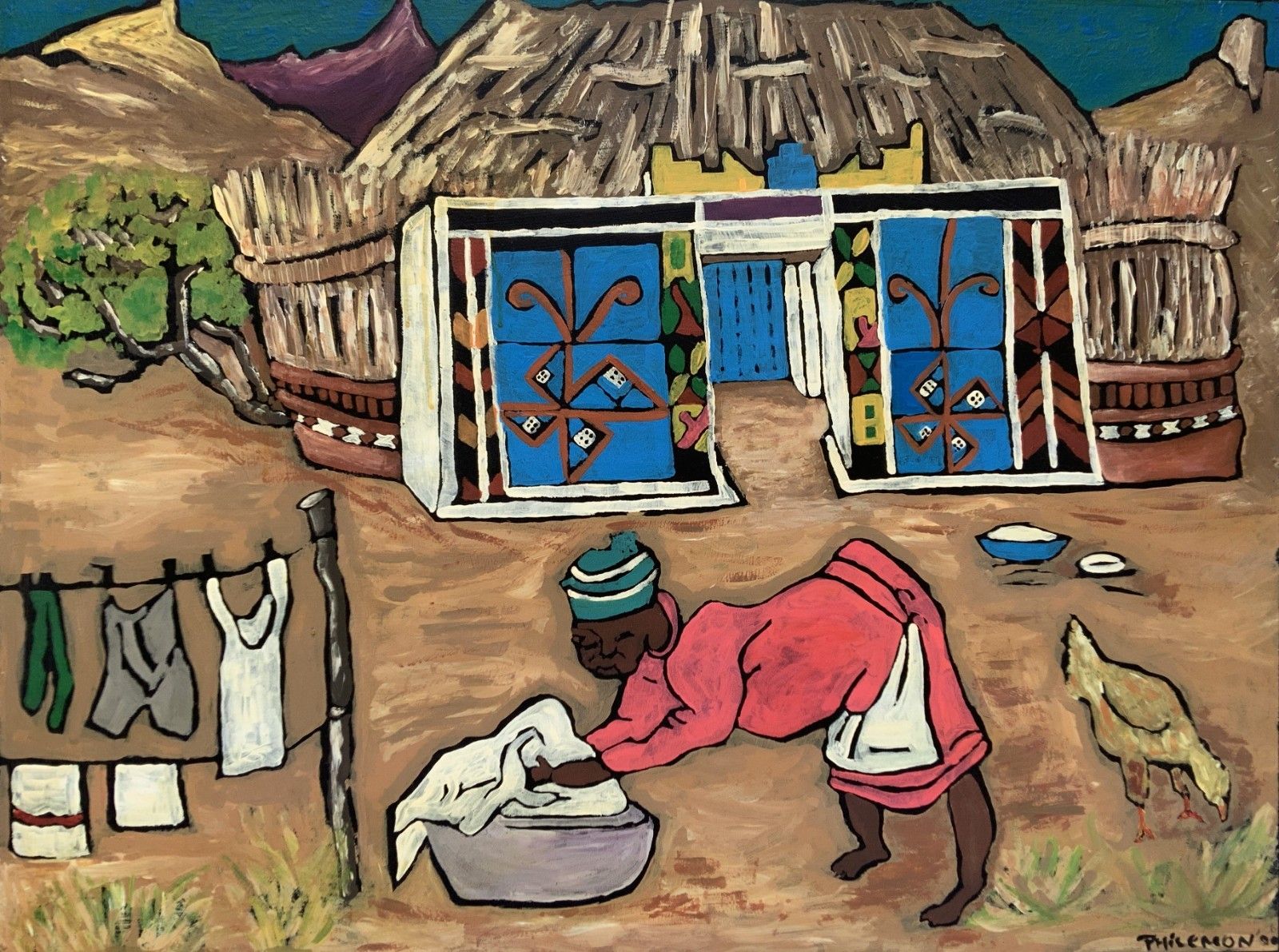 Adorable 1950s Vintage Antique African Folk Art Oil On Board Painting photo furniture