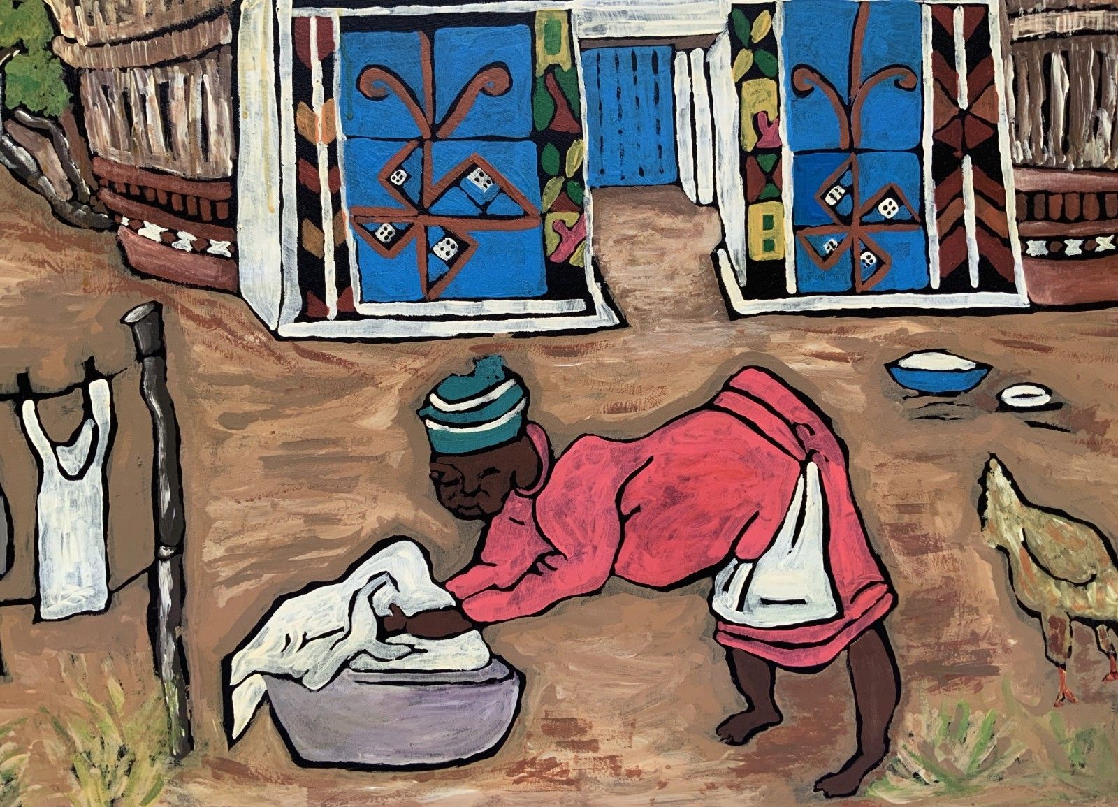 Adorable 1950s Vintage Antique African Folk Art Oil On Board Painting photo for sale