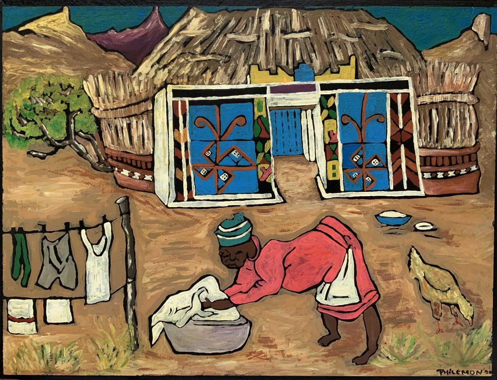 299.0 Adorable 1950s Vintage Antique African Folk Art Oil On Board Painting photo