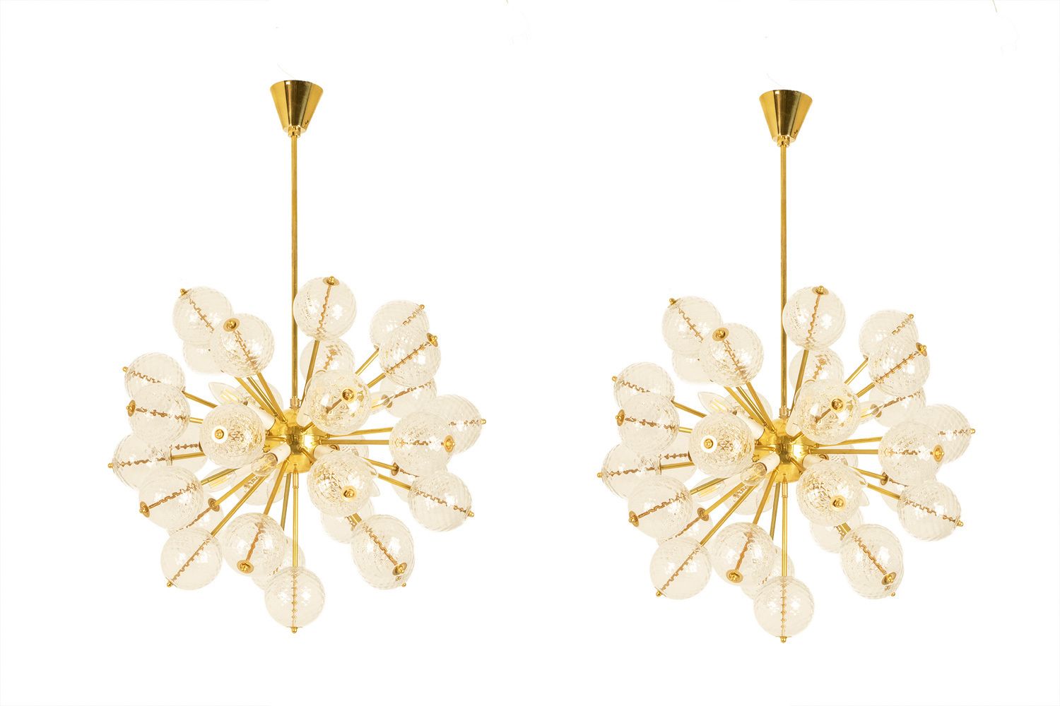Kamenicky Senov, Published By. Pair Of Brass And Glass Chandeliers. Circa 1970.