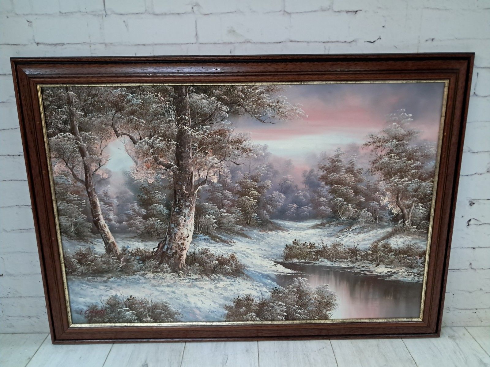 Vintage Large Oil Painting Winter Landscape Trees River Oil On Canvas Framed photo vinterior