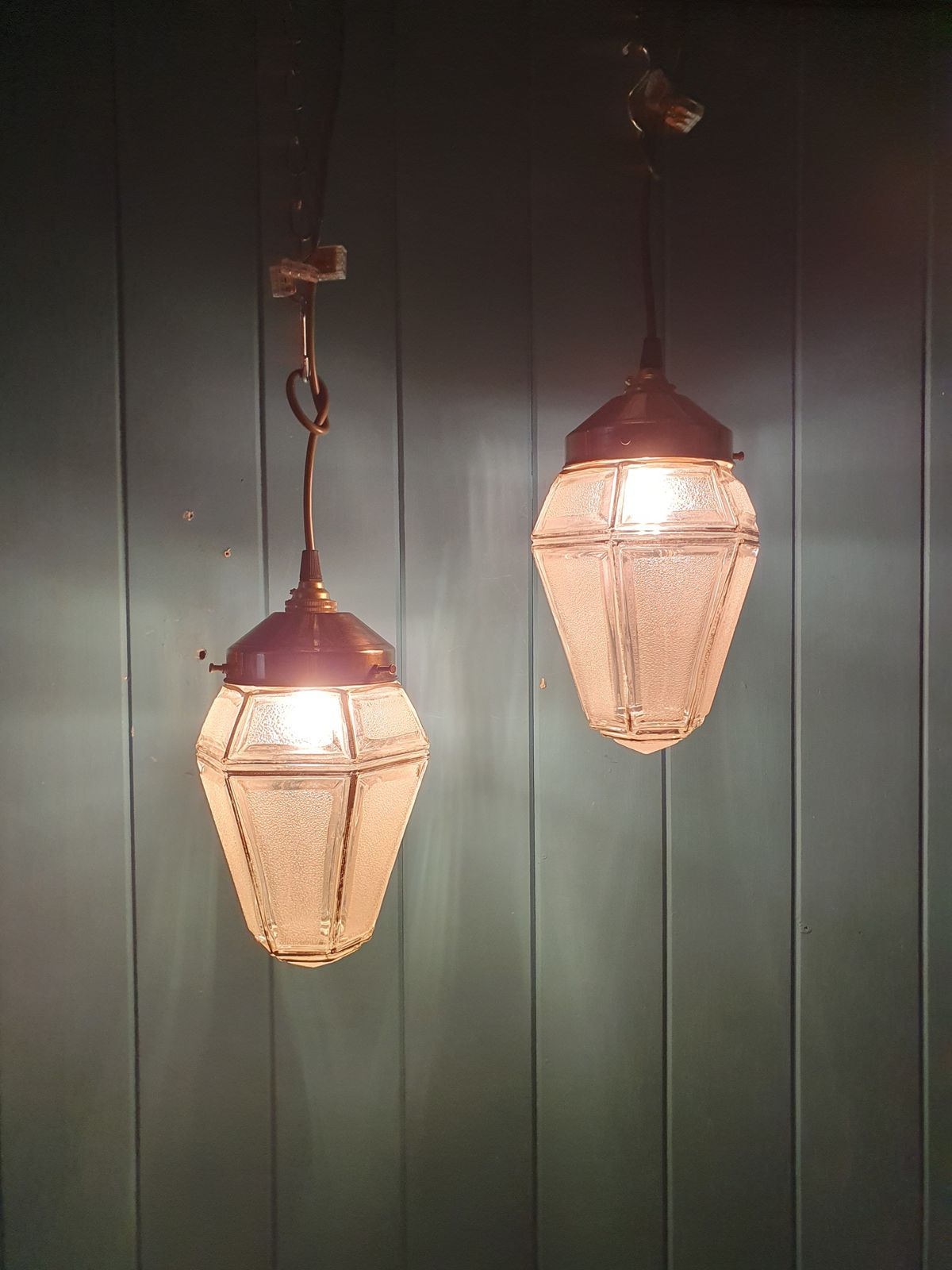 Early 20th Century Pair Of Frosted Hexagon Pendant Lights 6" photo furniture