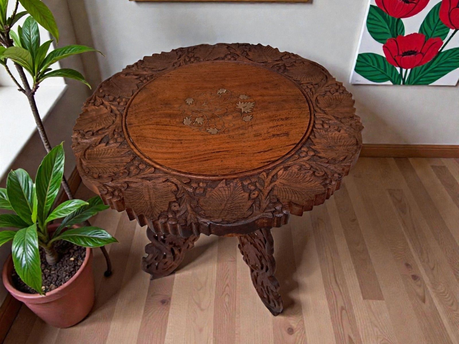 Vintage Oriental Table Carved Plant Or Side Table Antique 1920 photo vinterior