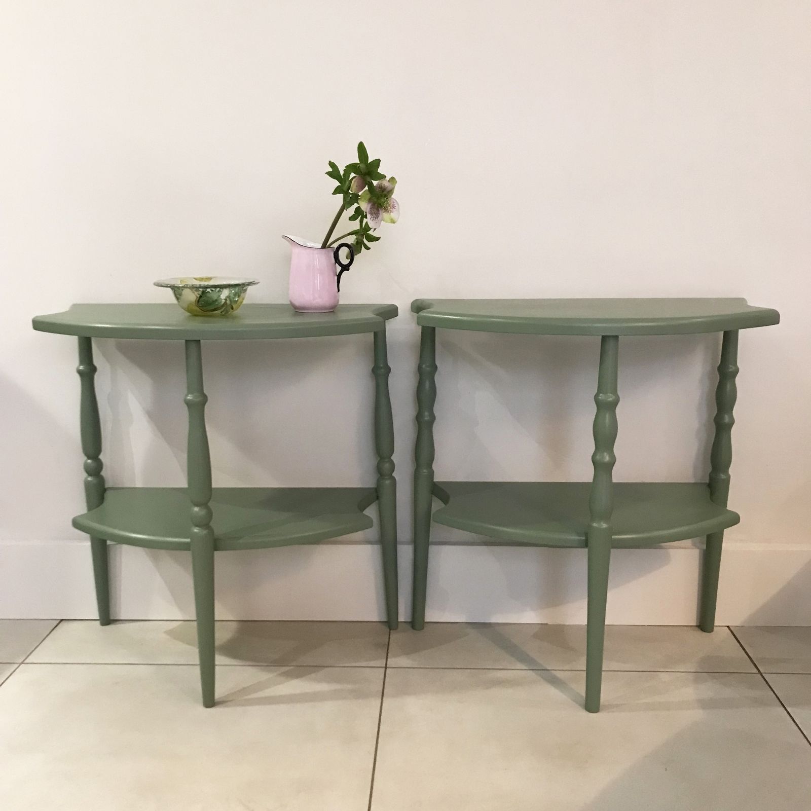 Hand Finished Fruit Wood Painted Side Tables With A Lower Shelf.
