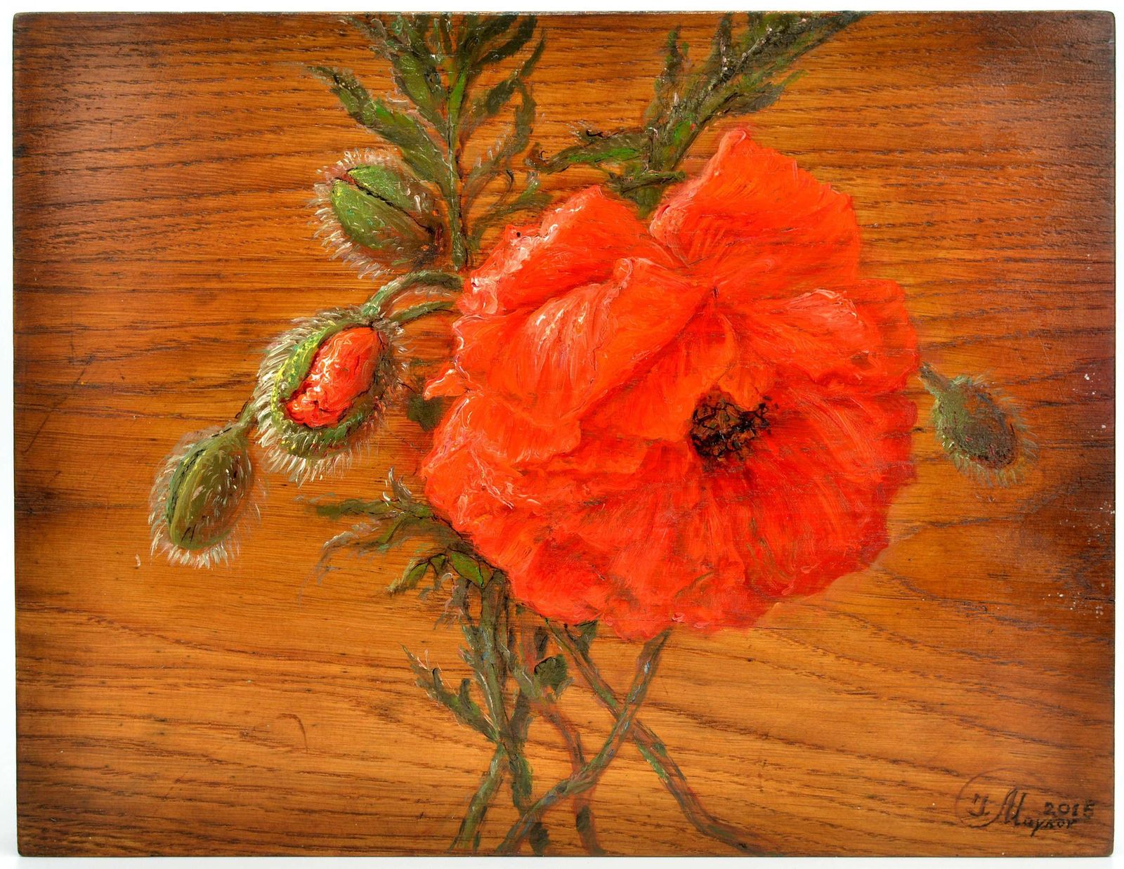 Igor Maikov Poppies. 2015. Wood/Oak, Oil. 32x25x3 Cm 2015