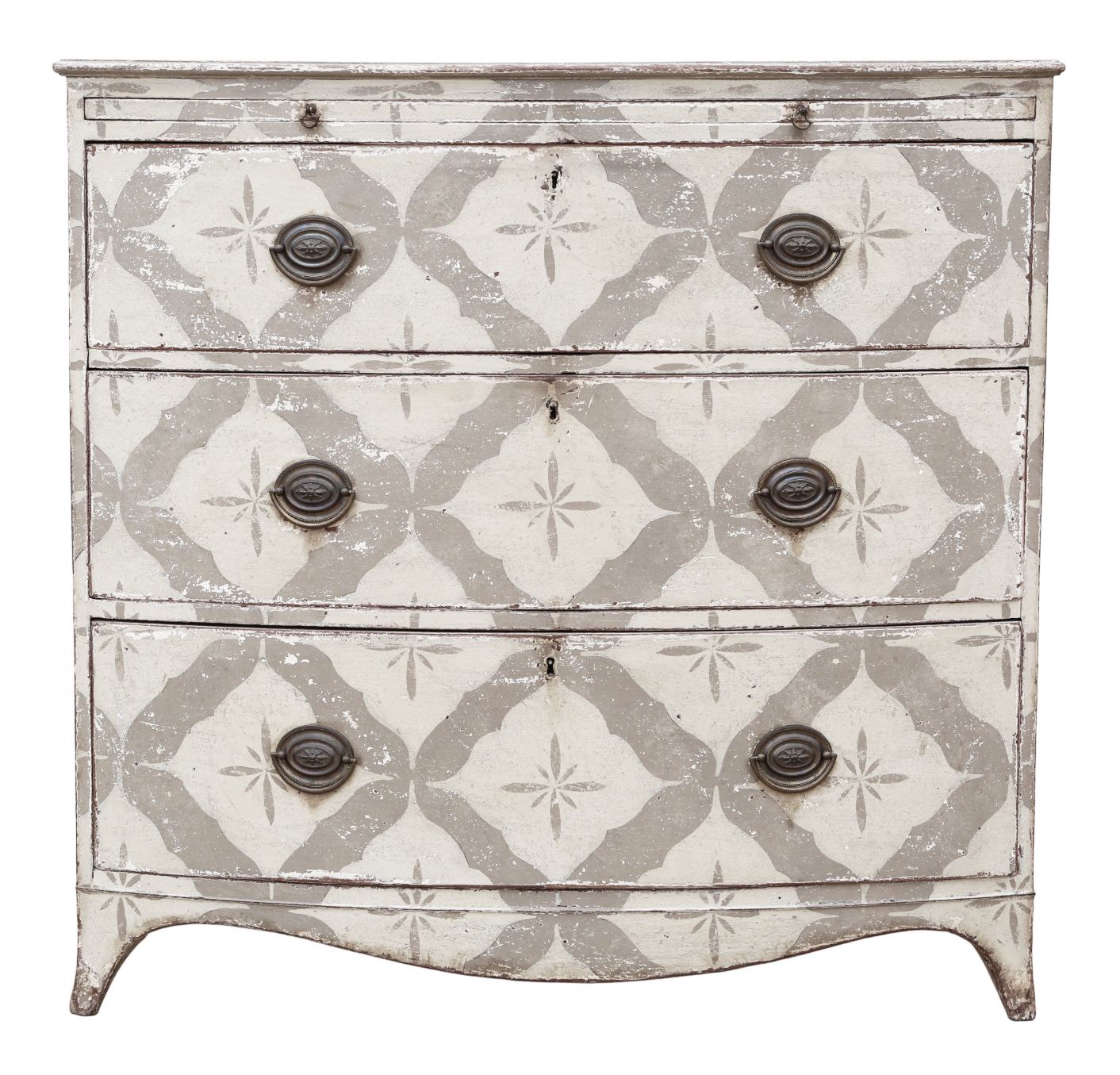 Antique 19th Century Bow Front Painted And Decorated Chest Of Drawers/ Commode  High Quality