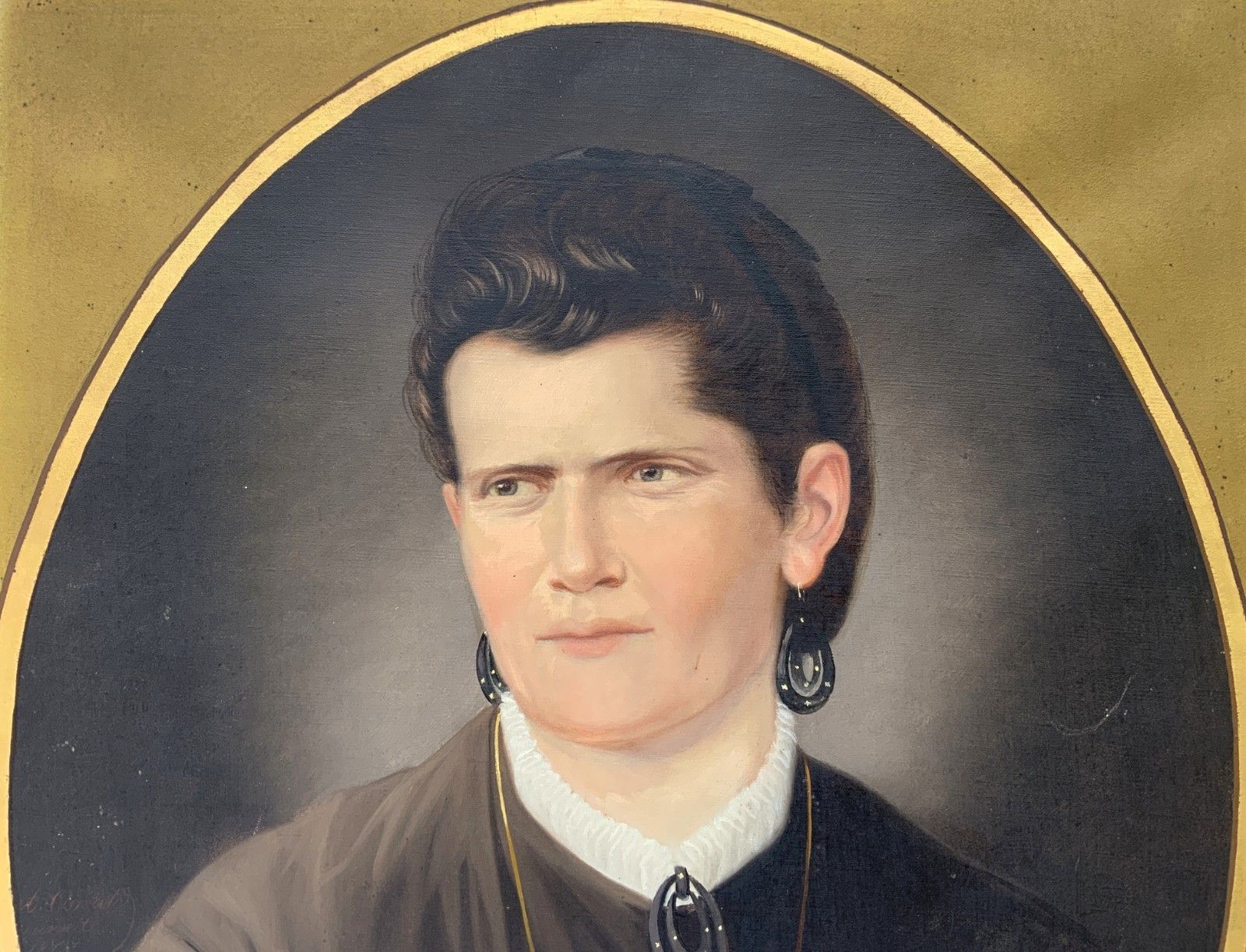 19th Century Oil On Canvas Portrait Painting Of A Stern Victorian Lady photo furniture