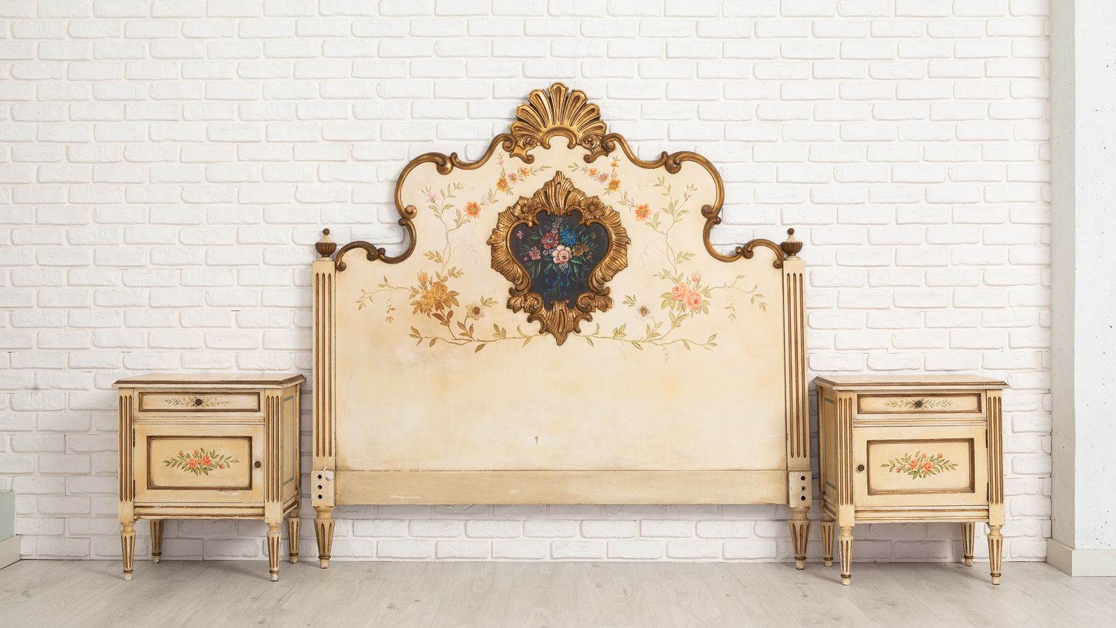 Antique Polychrome Bedroom With Decorated Headboard And Matching Bedside Tables
