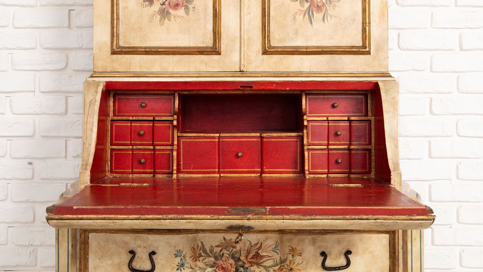 Antique Polychrome Secretary Desk With Red Interior photo furniture