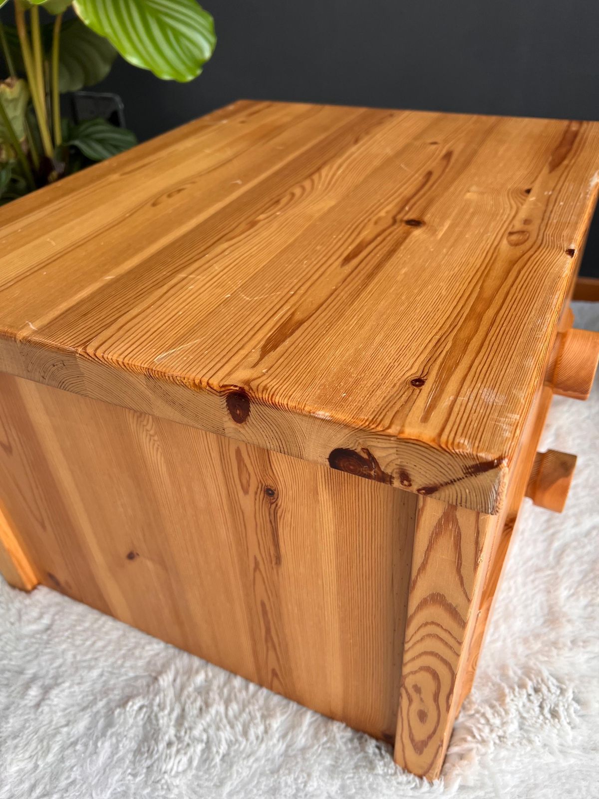 Vintage Brutalist Pine Nightstand   Low Profile Side Table Mcm 1970s photo Furniture