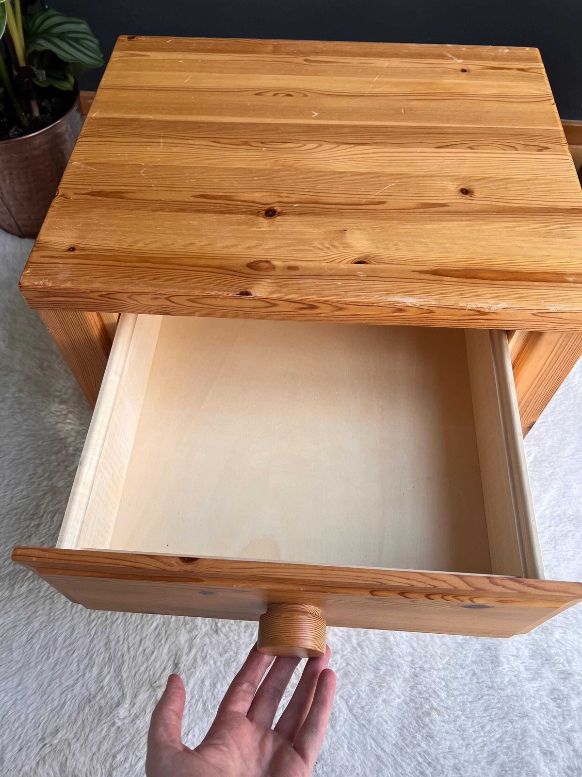 374.0 Vintage Brutalist Pine Nightstand   Low Profile Side Table Mcm 1970s photo