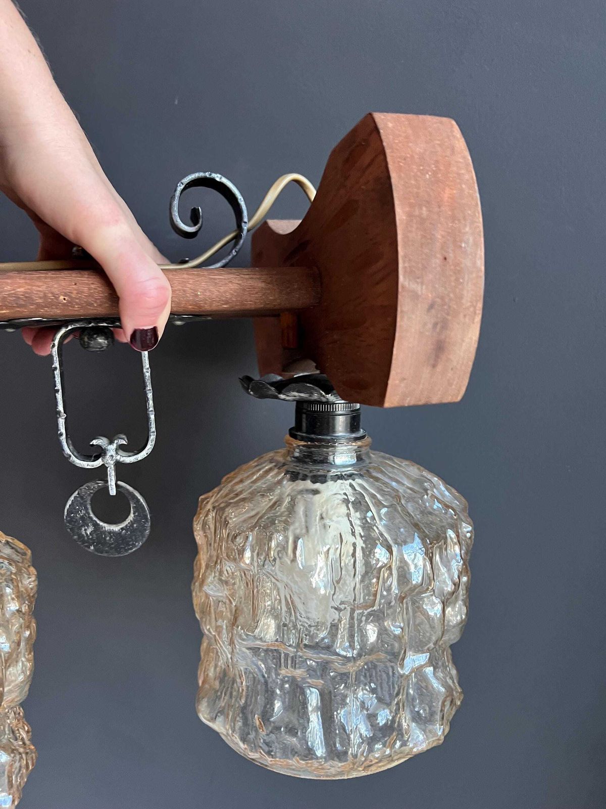 Vintage Rustic Mid Century Chandelier: Spanish Revival Wood Beam, Cracked Ice Amber Glass photo Lighting