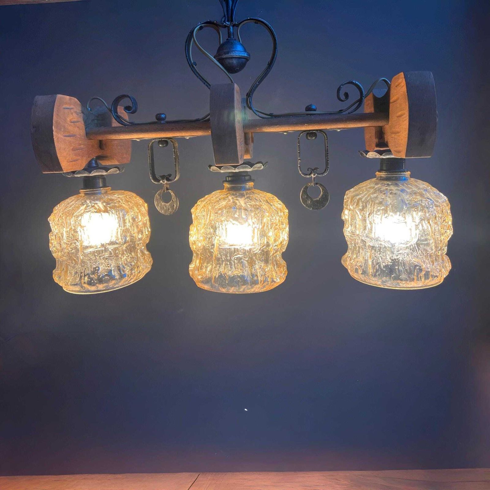 Lighting Vintage Rustic Mid Century Chandelier: Spanish Revival Wood Beam, Cracked Ice Amber Glass photo