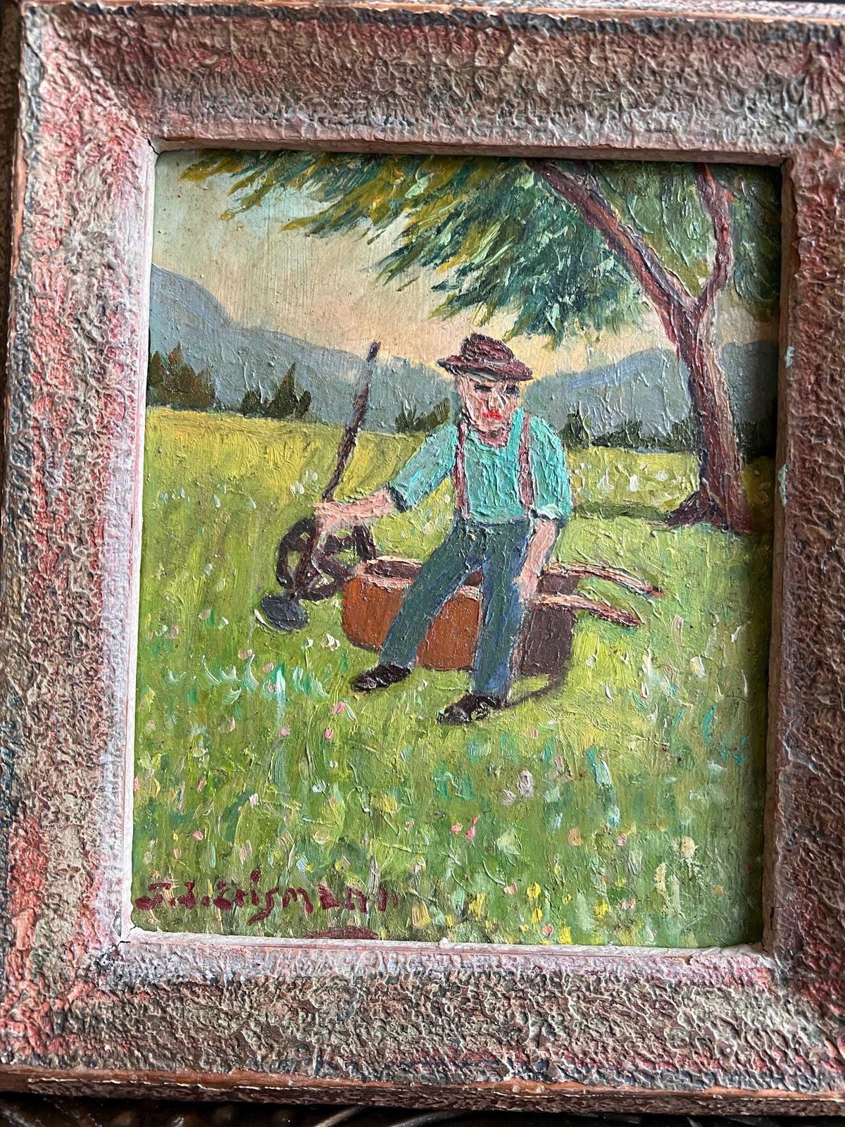 Art Vintage Swiss Folk Art Painting By F. J. Erismann – Emmental Farmer – Signed Original Naive Art photo