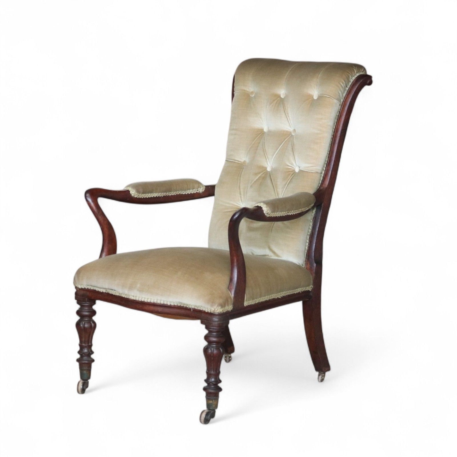 Antique Victorian Scroll Back Armchair  Mahogany Button Back Library Chair 19thc