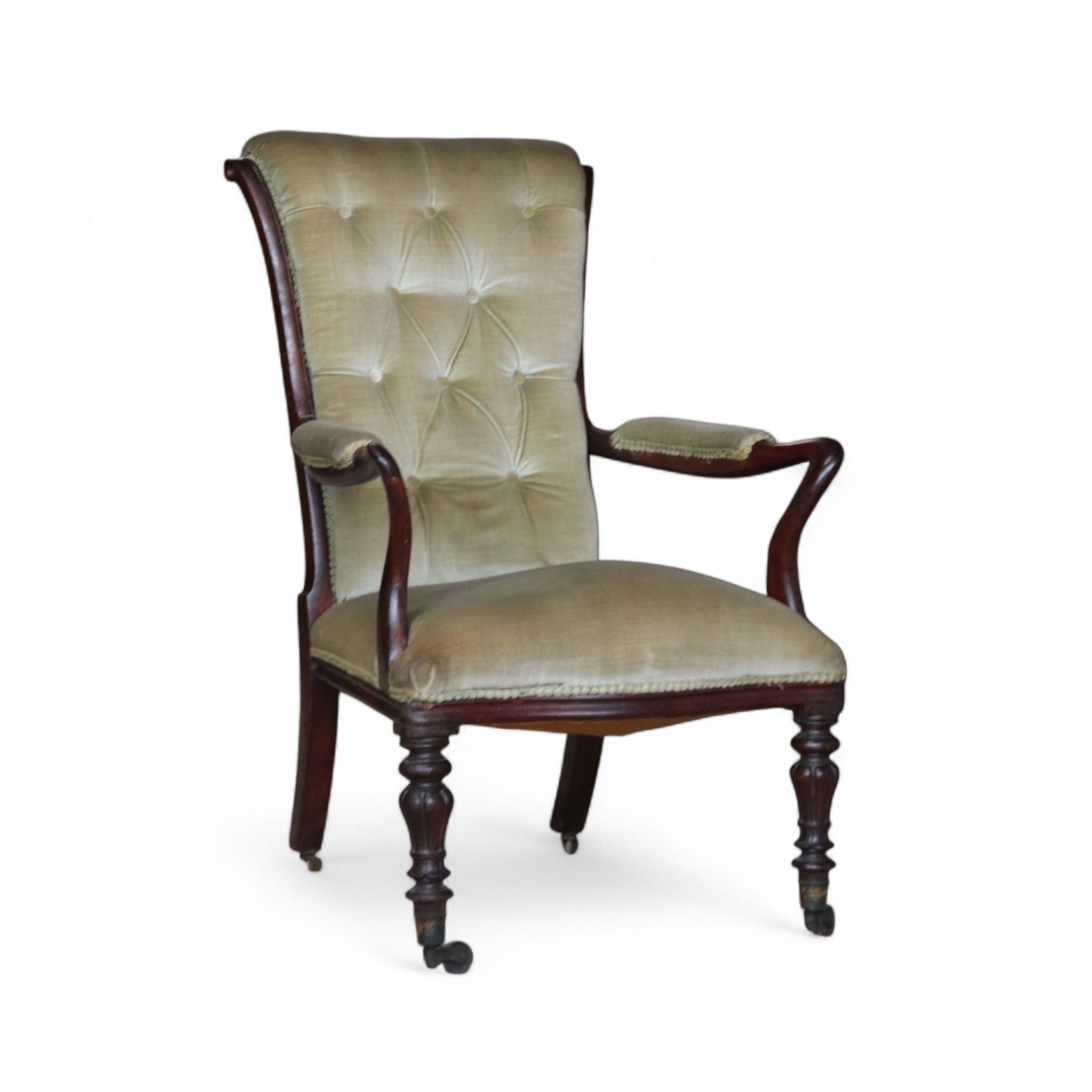 photo vinterior Antique Victorian Scroll Back Armchair  Mahogany Button Back Library Chair 19thc