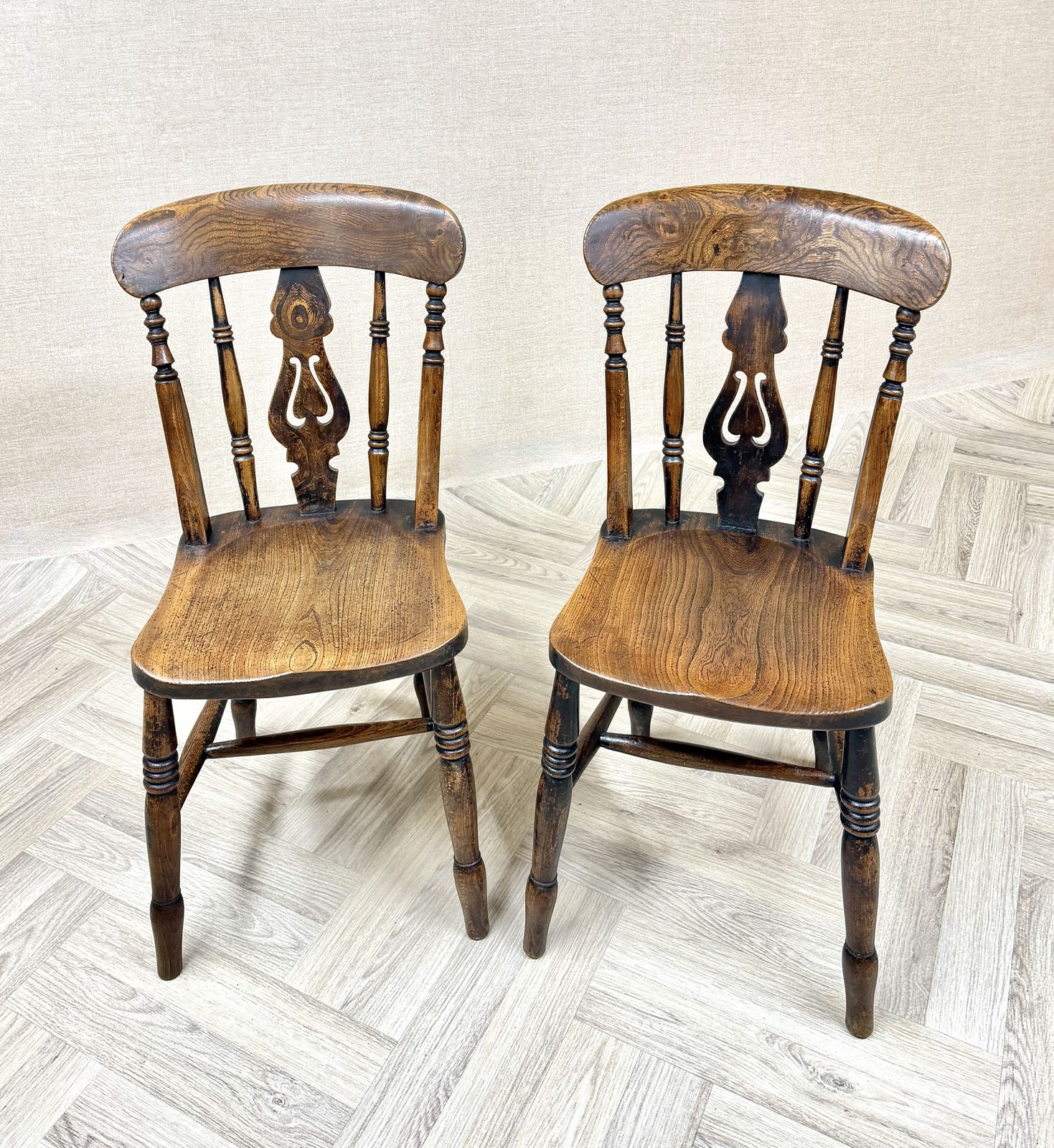Pair Of Antique Windsor Lyreback Kitchen Dining Chairs