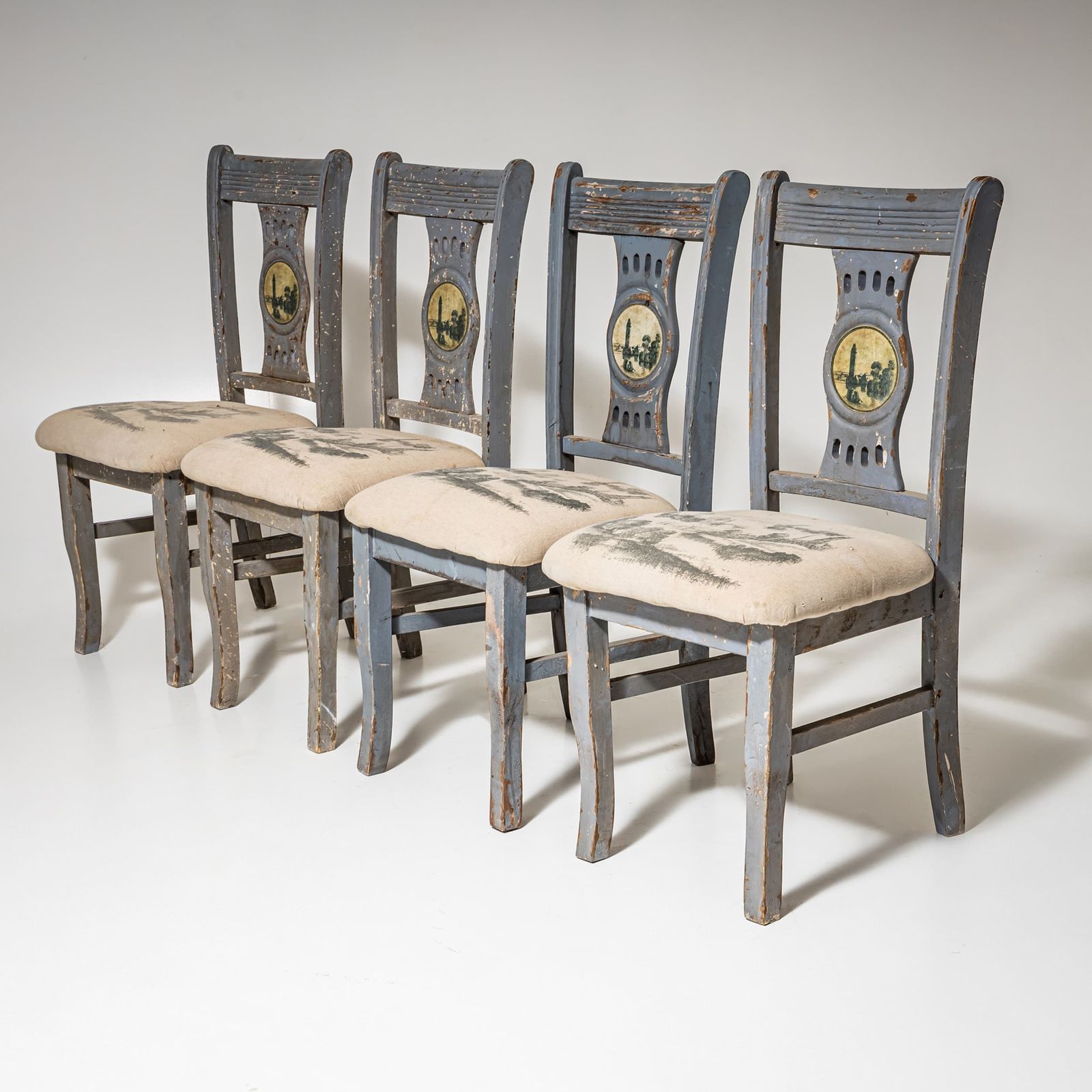 Set Van Vier Grijze Stoelen Met Stadsgezichten, 19e Eeuw photo buy