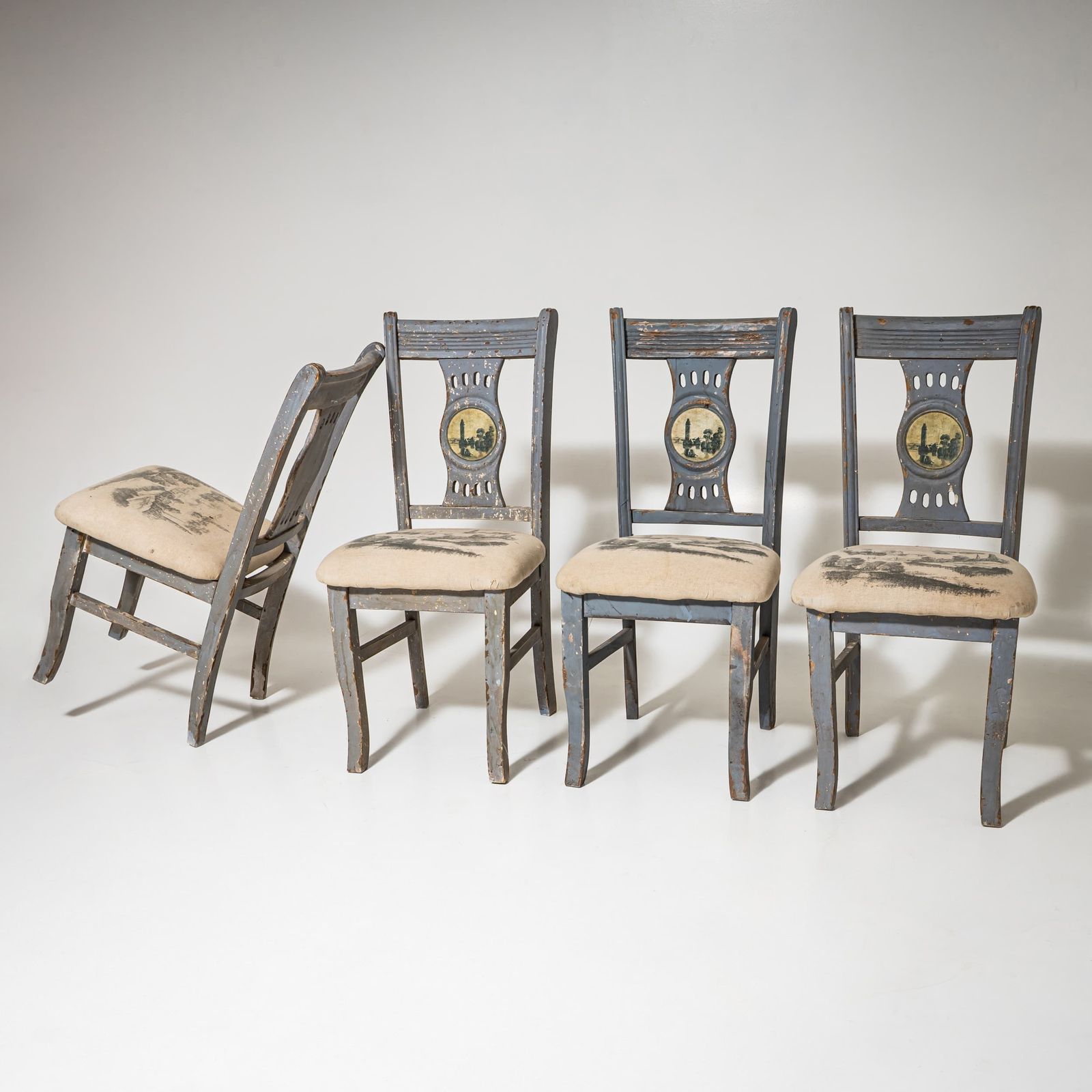 Set Van Vier Grijze Stoelen Met Stadsgezichten, 19e Eeuw
