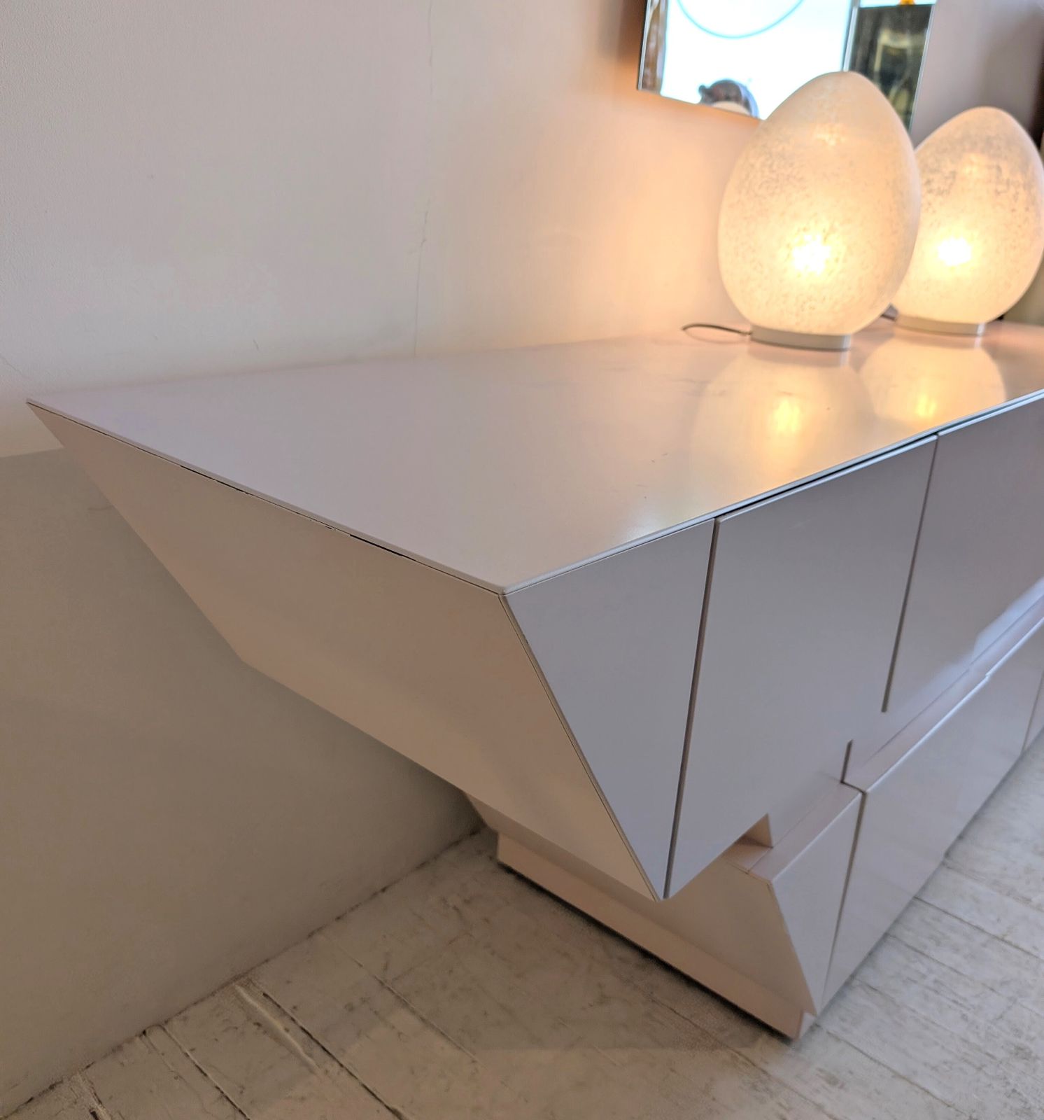 photo furniture Sculptural Vintage Post Modern Pomo Pale Pink Lacquered Rhombus Sideboard, 1980s American