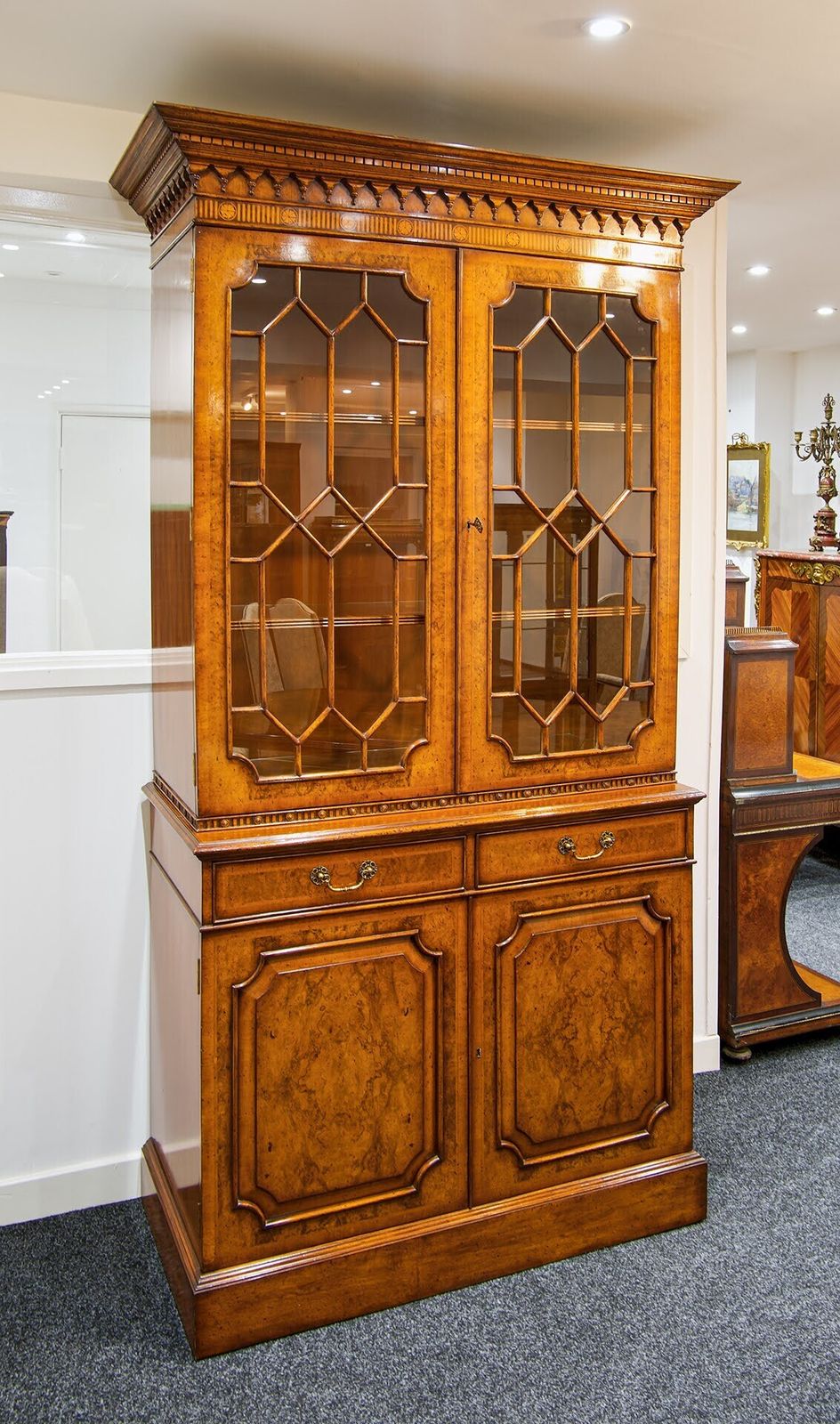 English Burr Walnut Breakfront Bookcase With Astragal Glazed Doors photo furniture