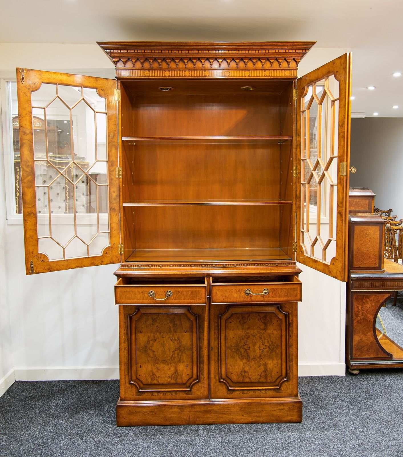 English Burr Walnut Breakfront Bookcase With Astragal Glazed Doors photo for sale