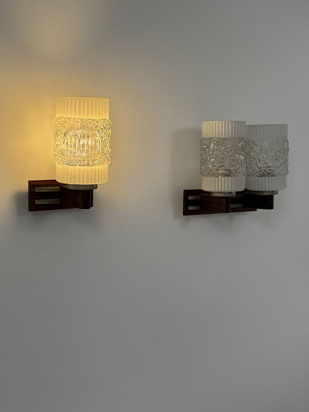 Pair Of Vintage Wall Lights, Chrome, Rosewood And Pressed Molded Glass, France photo furniture