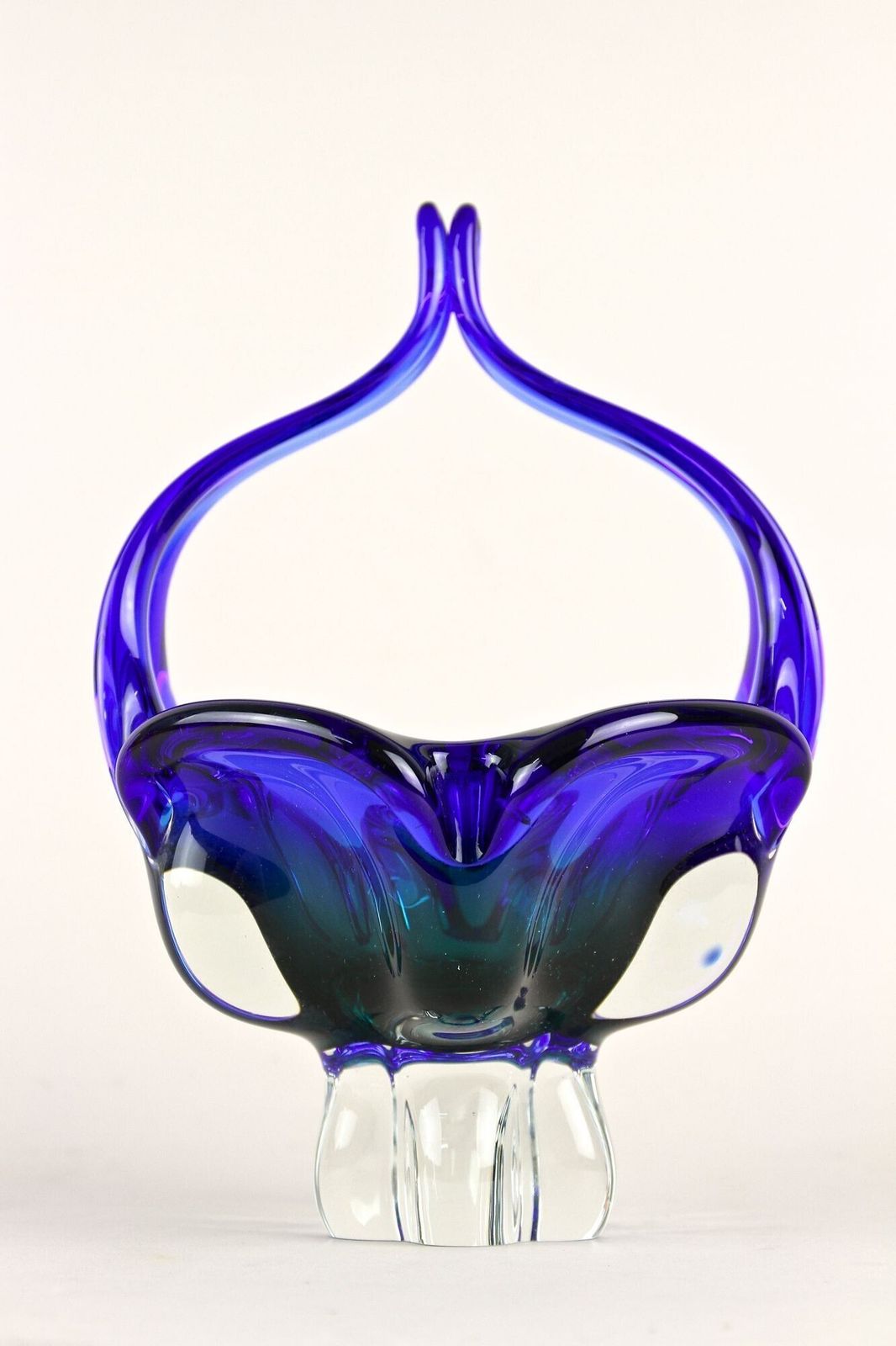 Blue Murano Glass Basket With Curved Handles, Mid Century It Ca. 1960 photo 420.0