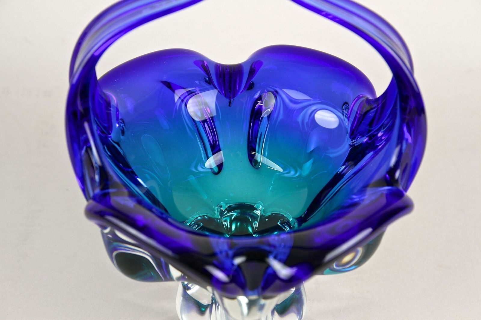 Blue Murano Glass Basket With Curved Handles, Mid Century It Ca. 1960 photo vinterior