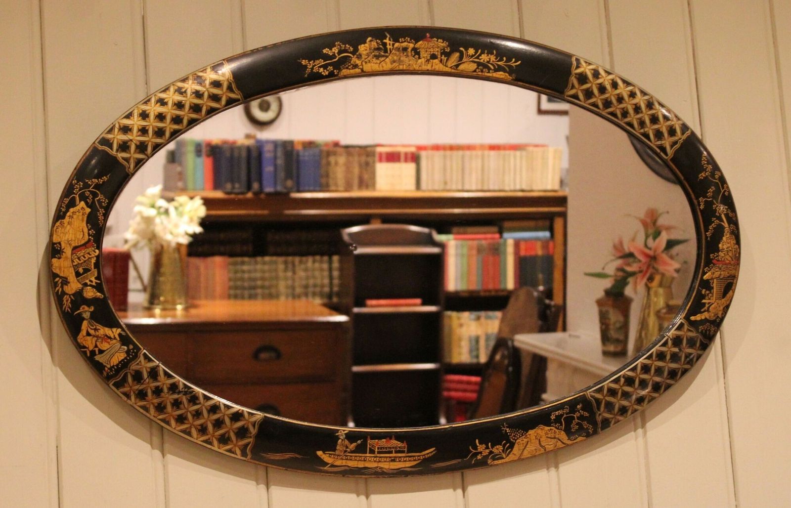 Black Chinoiserie Oval Wall Mirror photo furniture