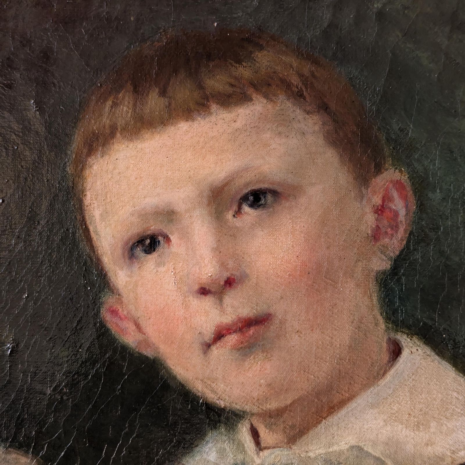 Antique Portrait Painting Boy With Terrier Dog Oil On Canvas Brown Gold Frame French School 19th Century Fine Art photo for sale