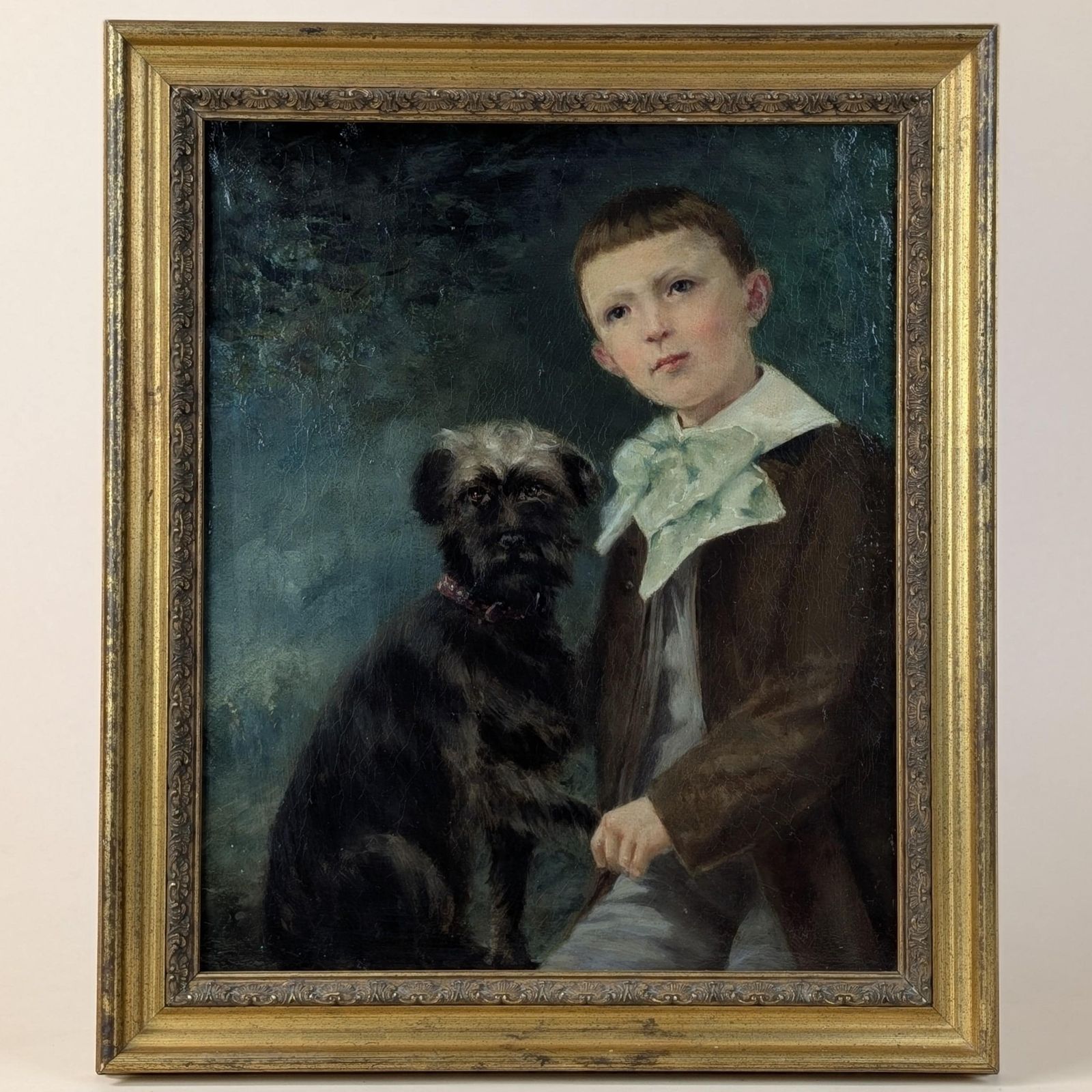 1276.0 Antique Portrait Painting Boy With Terrier Dog Oil On Canvas Brown Gold Frame French School 19th Century Fine Art photo