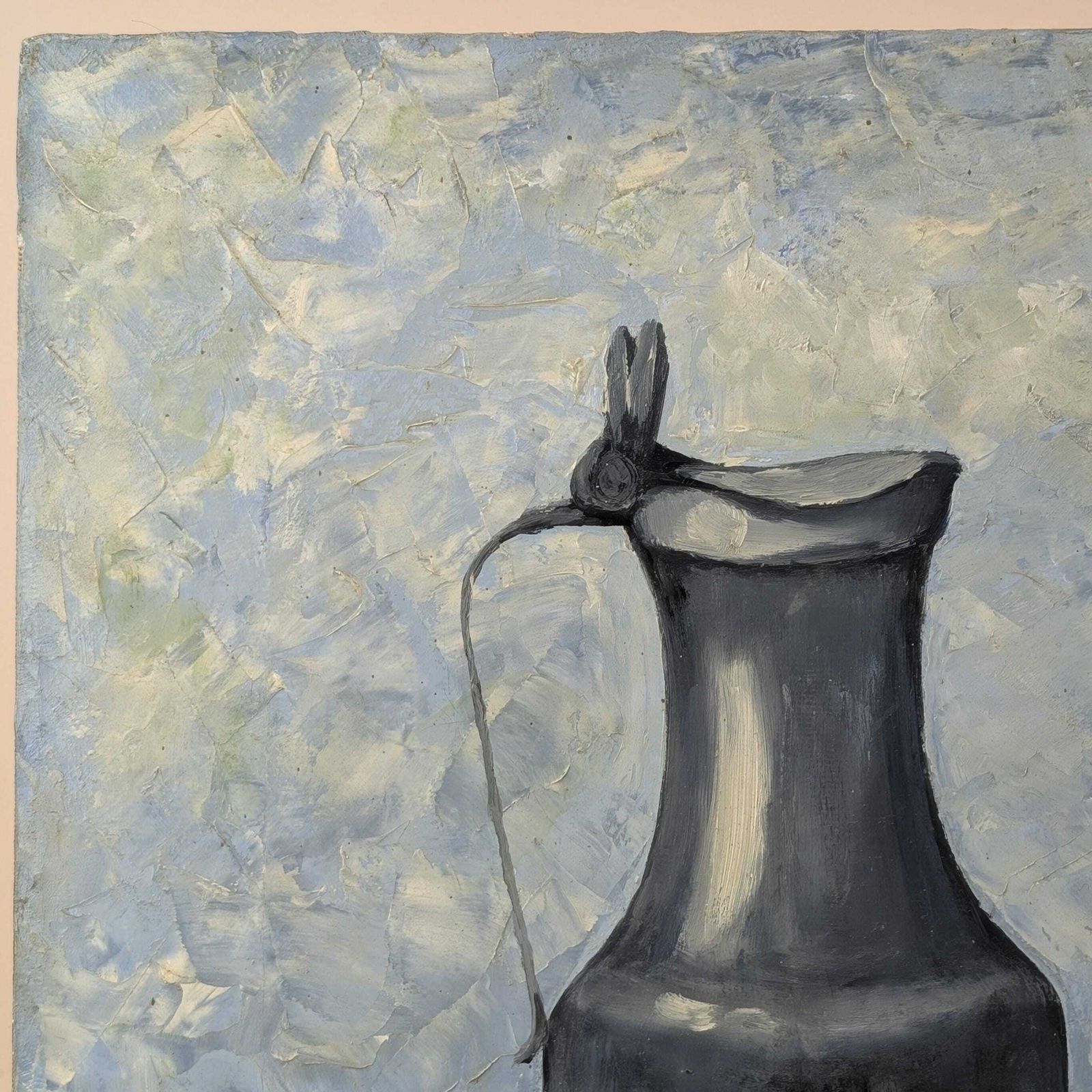 Marchand Signed Oil Painting: Blue Still Life With Pewter Jug And Fruit On Canvas photo vintage
