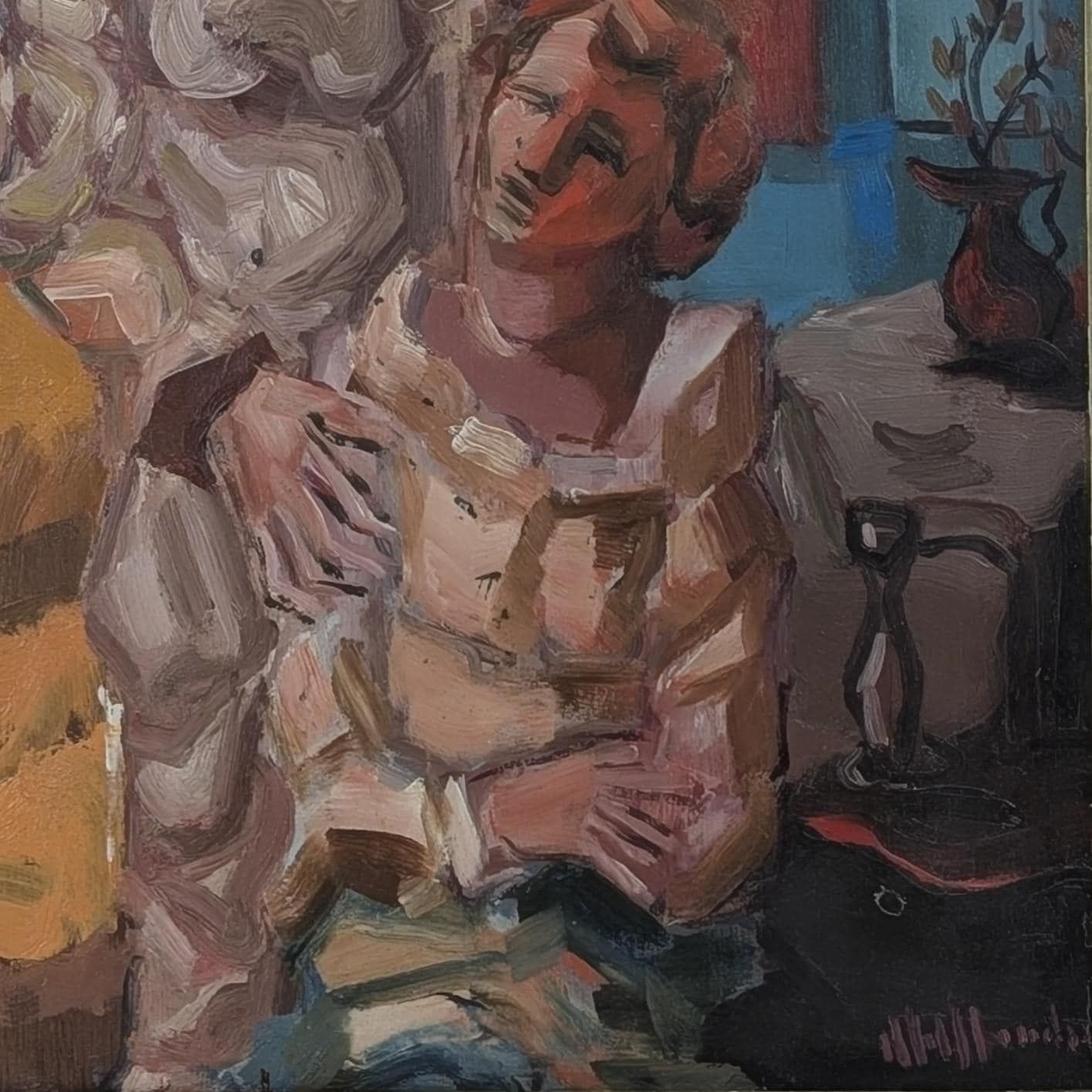 Original Vintage 1980s Italian Oil Portrait Painting: Figurative Interior Framed Art photo vinterior