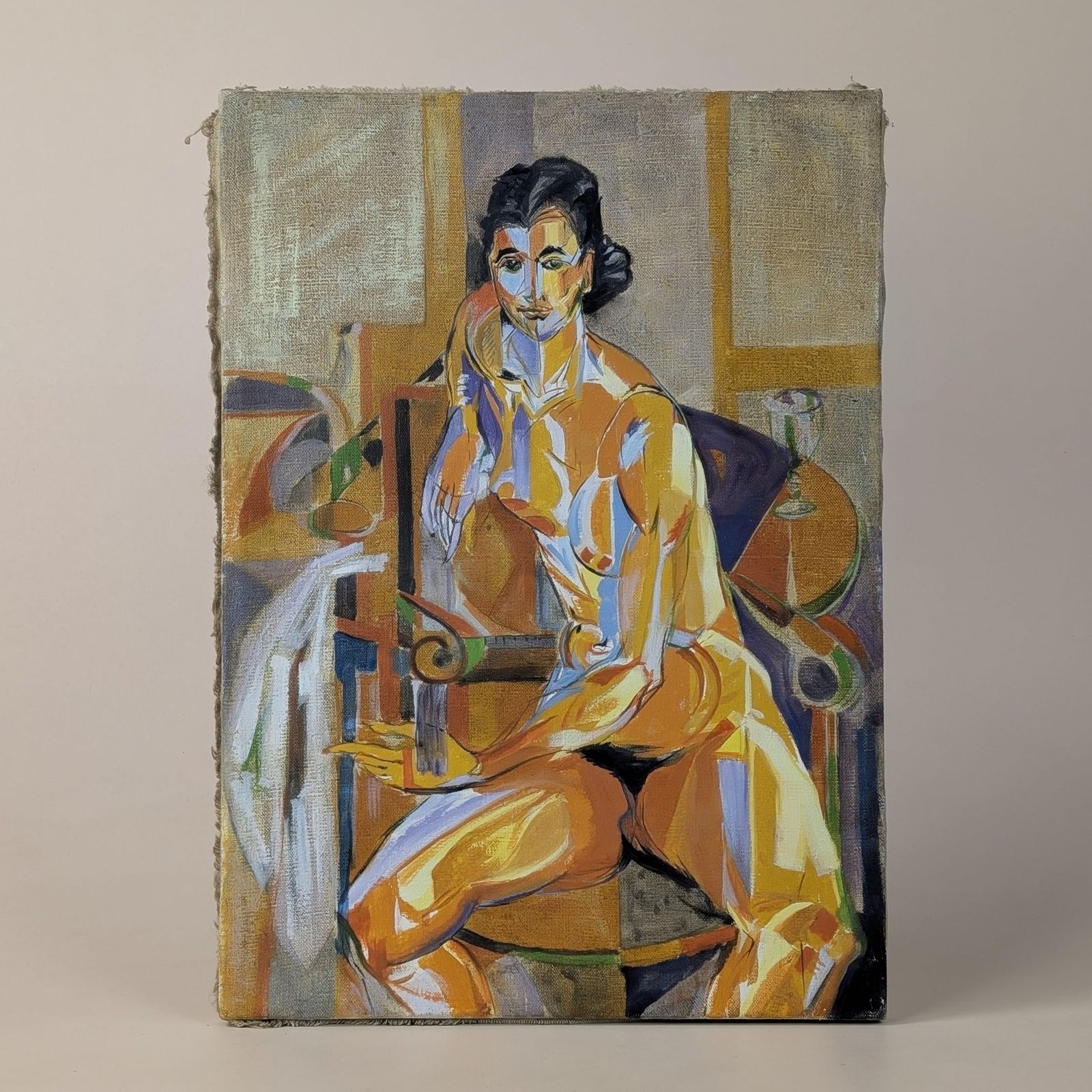 Mid Century French Nude Oil Painting: Cubist Style Female Figure Study Ochre Canvas photo Art