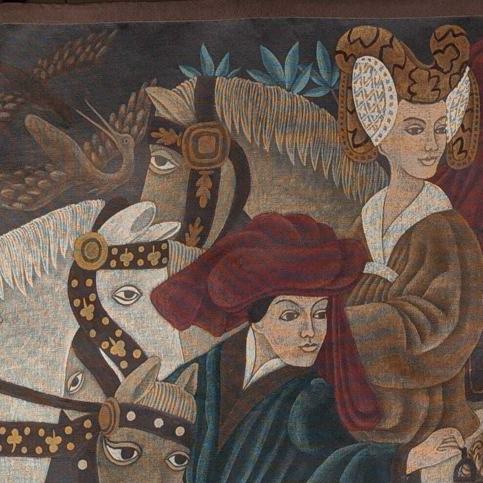 French Medieval Hunting Scene Hand Painted Canvas Tapestry Signed Mc Grillet, Equestrian Wall Art photo for sale