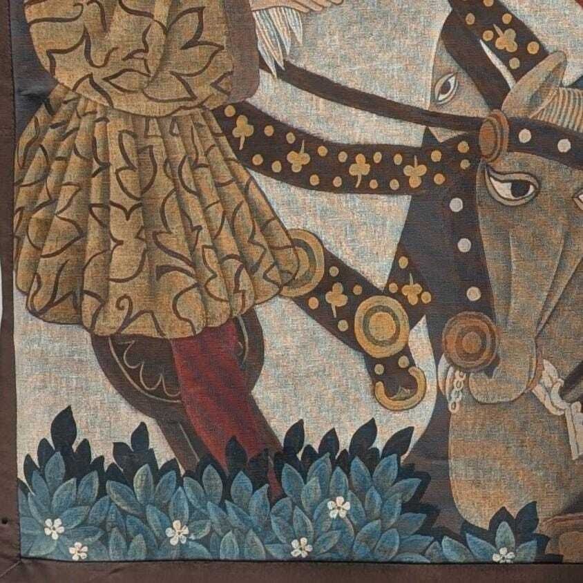French Medieval Hunting Scene Hand Painted Canvas Tapestry Signed Mc Grillet, Equestrian Wall Art photo Art