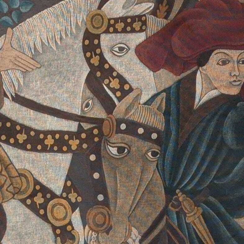 French Medieval Hunting Scene Hand Painted Canvas Tapestry Signed Mc Grillet, Equestrian Wall Art photo buy