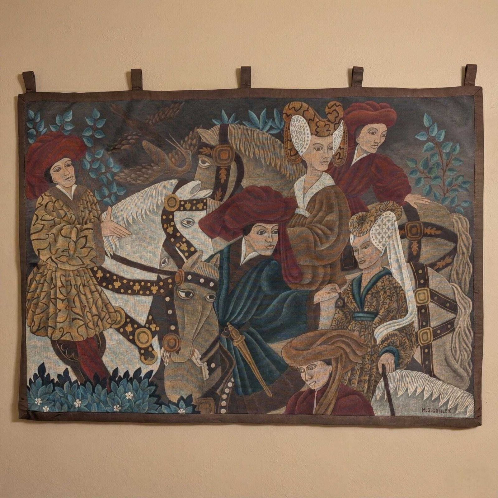 310.0 French Medieval Hunting Scene Hand Painted Canvas Tapestry Signed Mc Grillet, Equestrian Wall Art photo