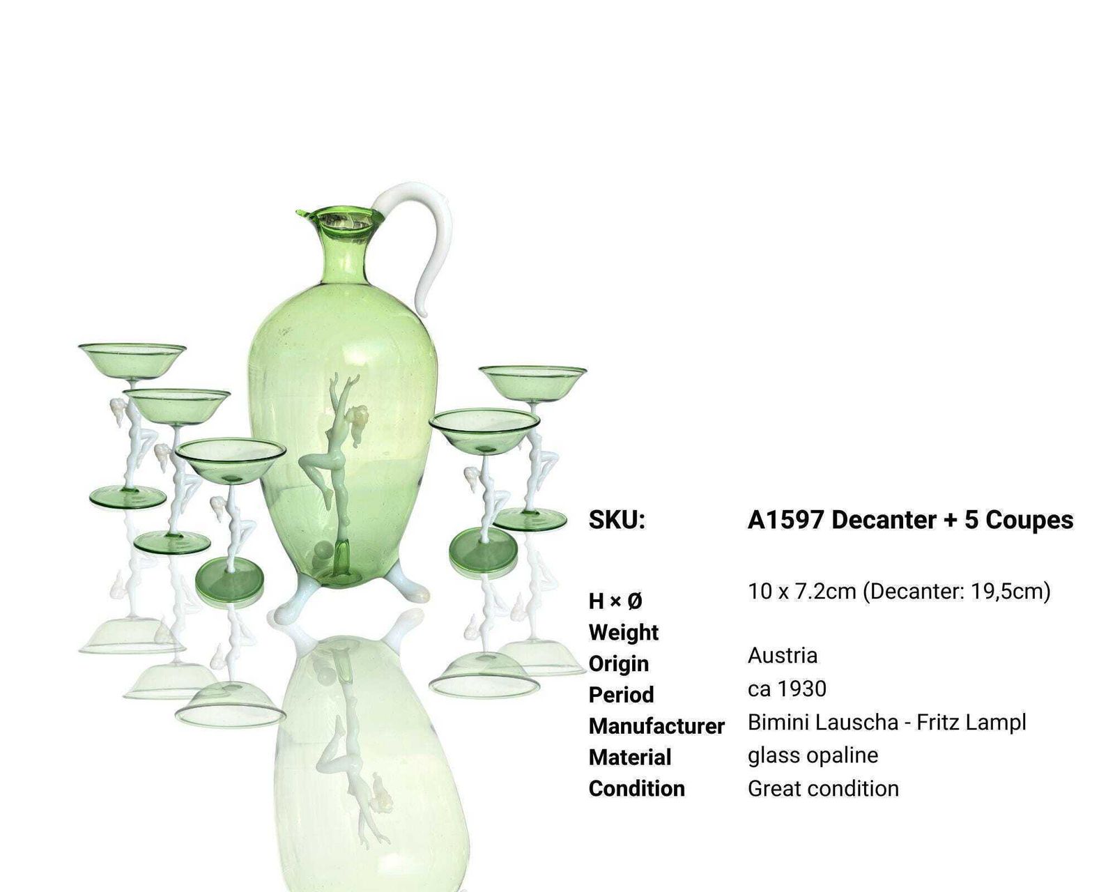 Bimini Glass Fritz Lampl | Karaf En 5 Cordial Coupes | Groen Met Wit Opaal photo vinterior