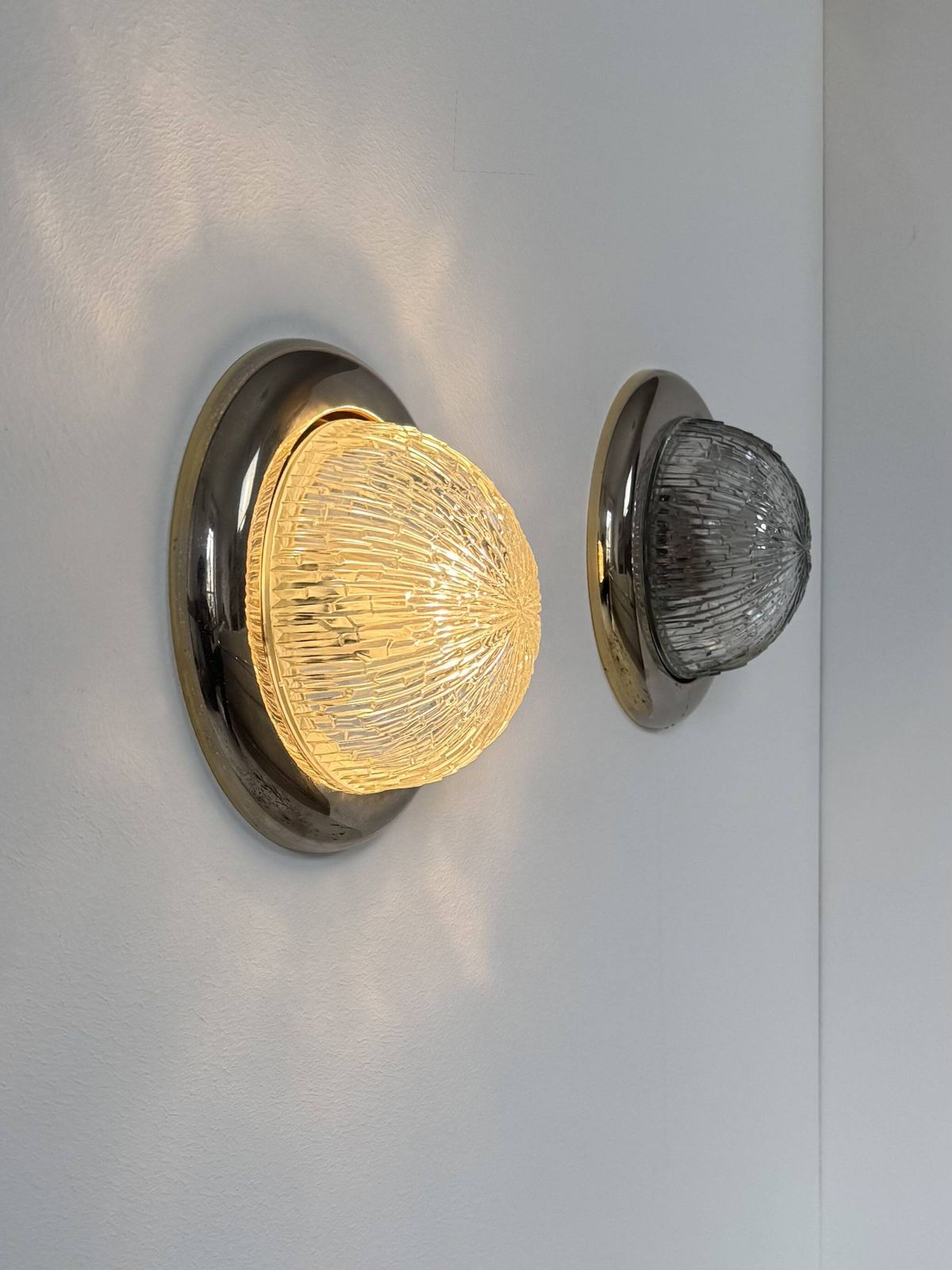 Pair Of Vintage Wall Lights, Brass And Pressed Moulded Glass, France, 1960. photo furniture