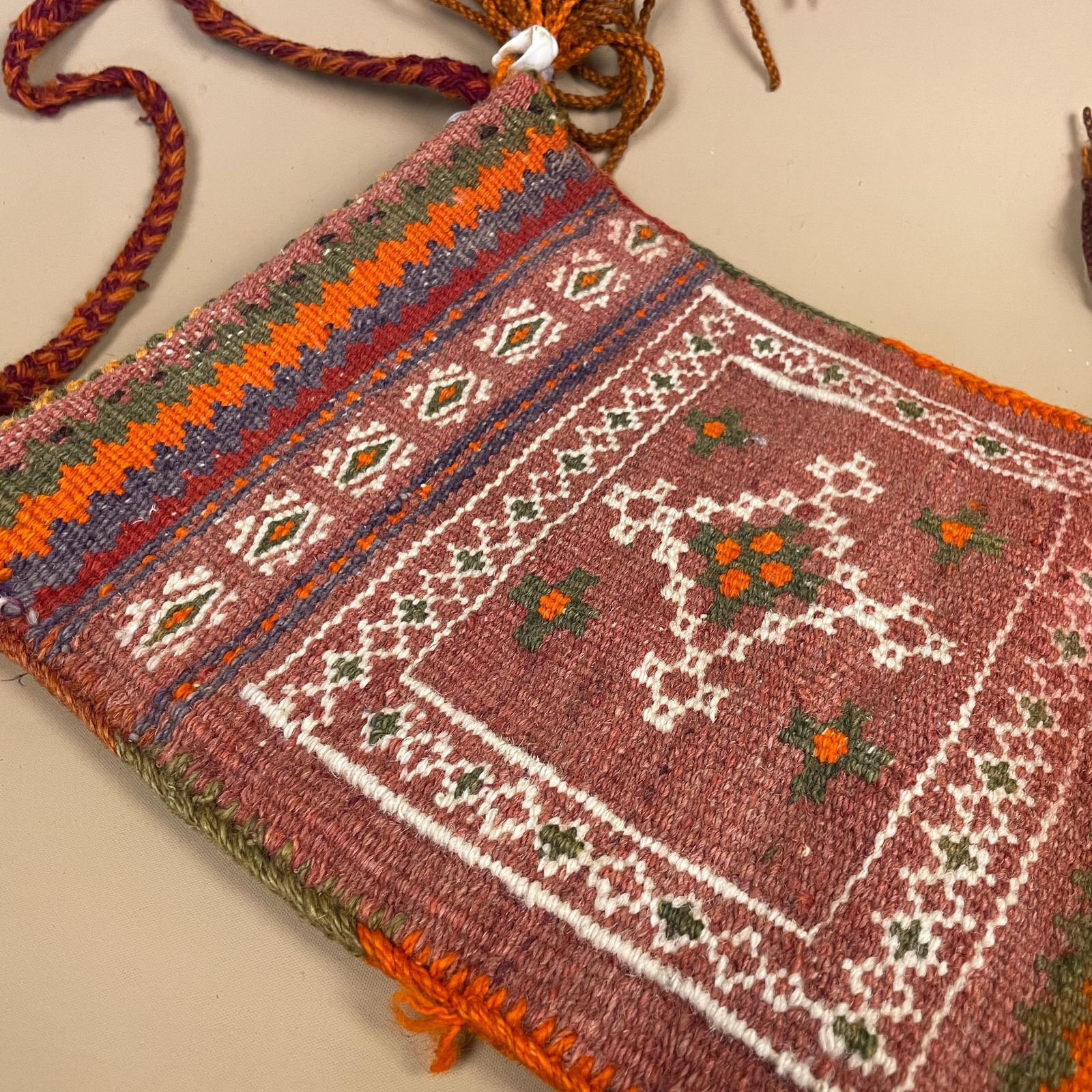 Vintage Saddle Bag Wall Hanging Handwoven Wool Tribal Textile Pouch Tassels Red Middle Eastern Design Folk Textile Woven photo buy
